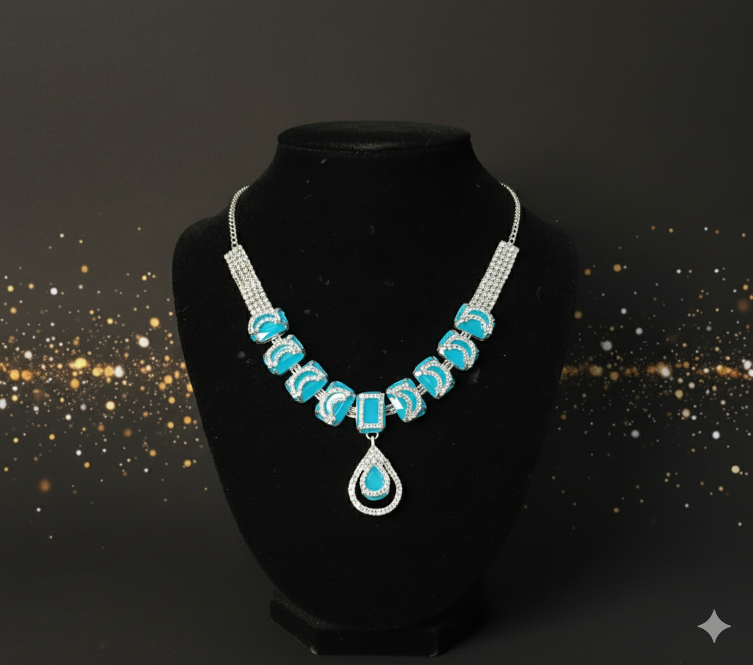 "Zakreen Silver Plated Blue Stone Necklace Set with Matching Earrings – Regal Luxury Collection"
