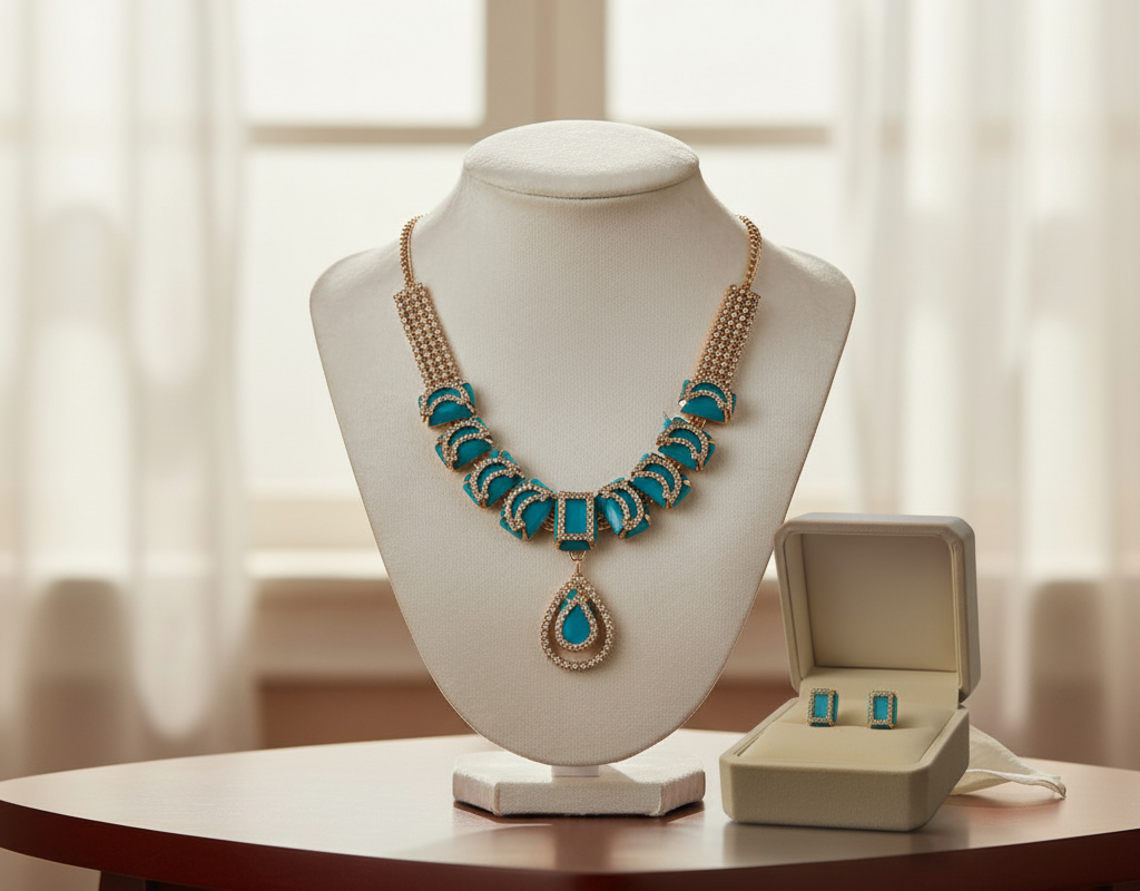 Elegant Blue Stone Pendant Necklace – Designer Gold Plated Statement Jewelry for Women |Zakreen Collection