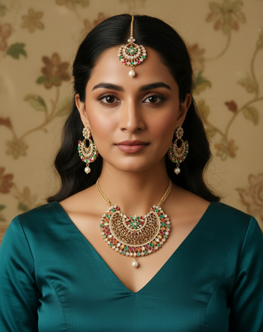 Traditional Multicolor Kundan Necklace Set with Matching Maang Tikka – Elegant Bridal & Party Jewelry | Zakreen Collection
