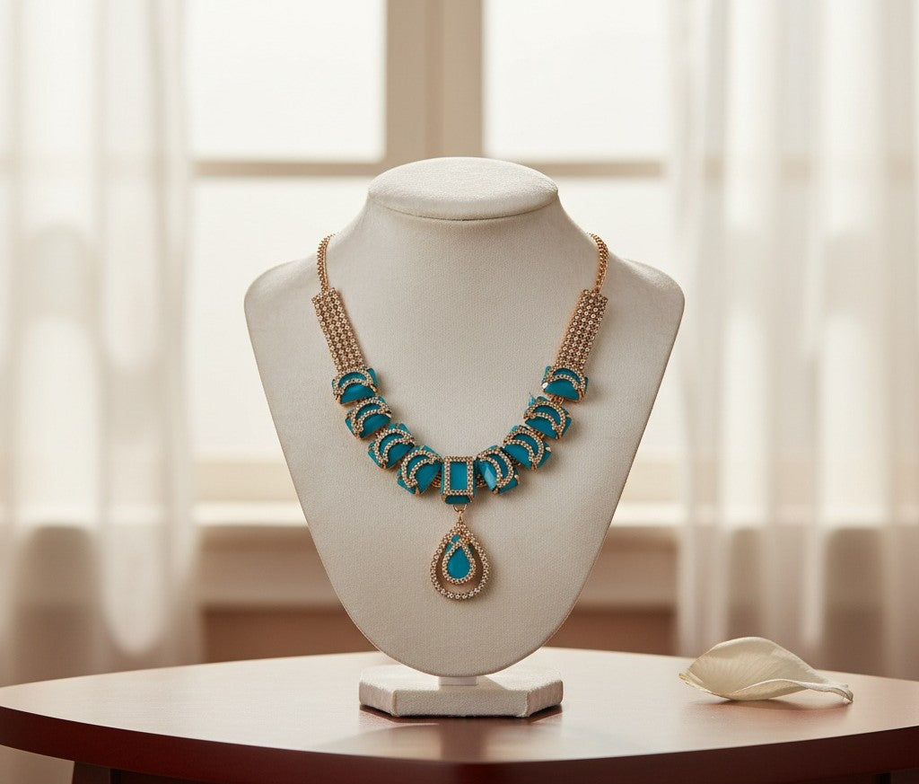 Elegant Blue Stone Pendant Necklace – Designer Gold Plated Statement Jewelry for Women |Zakreen Collection