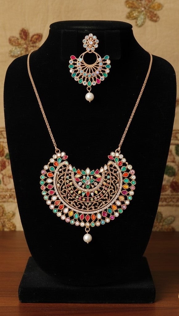 Traditional Multicolor Kundan Necklace Set with Matching Maang Tikka – Elegant Bridal & Party Jewelry | Zakreen Collection