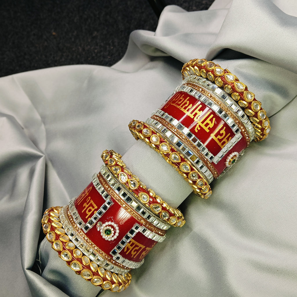 Red “Shubh Labh” Kundan Bridal Chooda Set – Traditional Wedding Kada by Zakreen