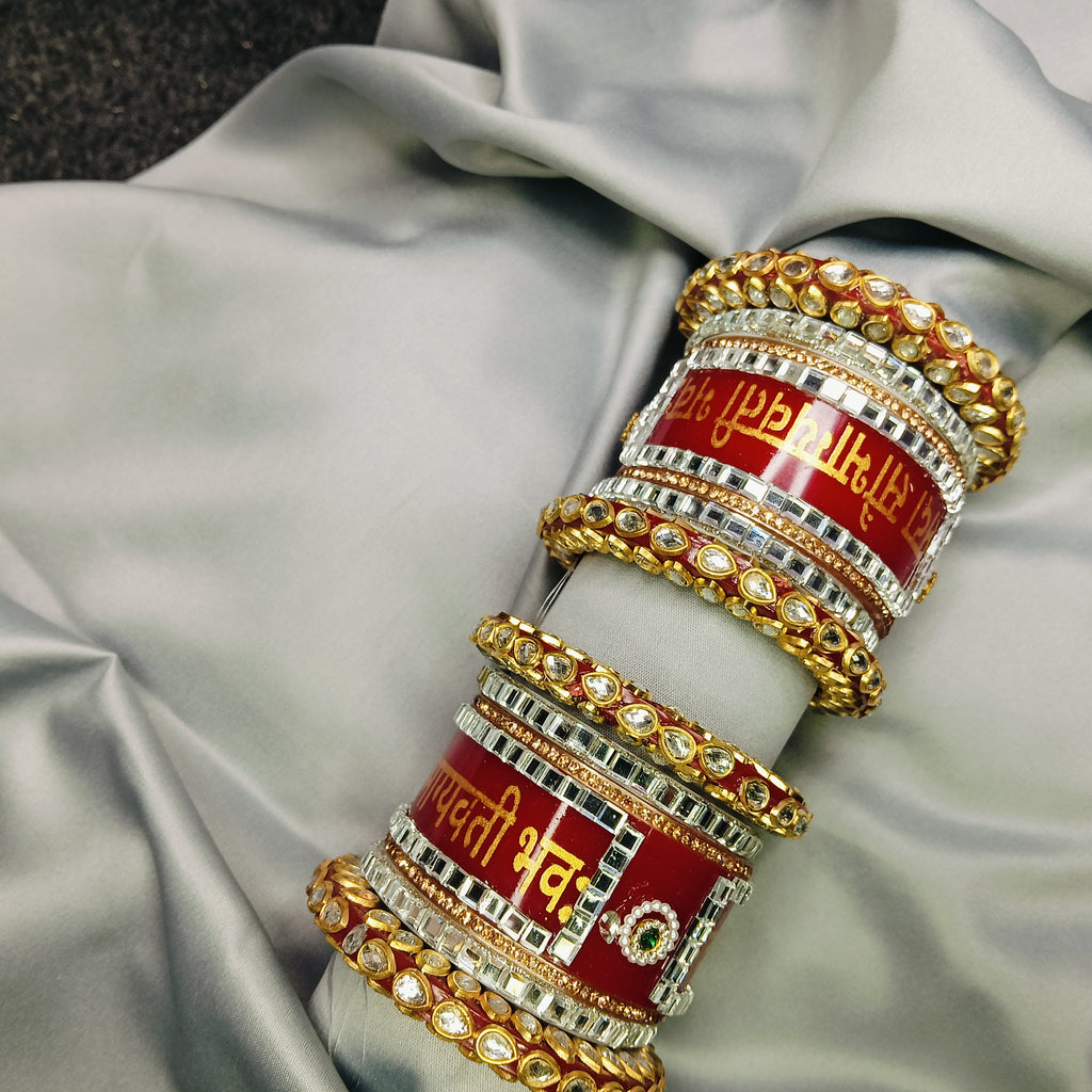 Red “Shubh Labh” Kundan Bridal Chooda Set – Traditional Wedding Kada by Zakreen
