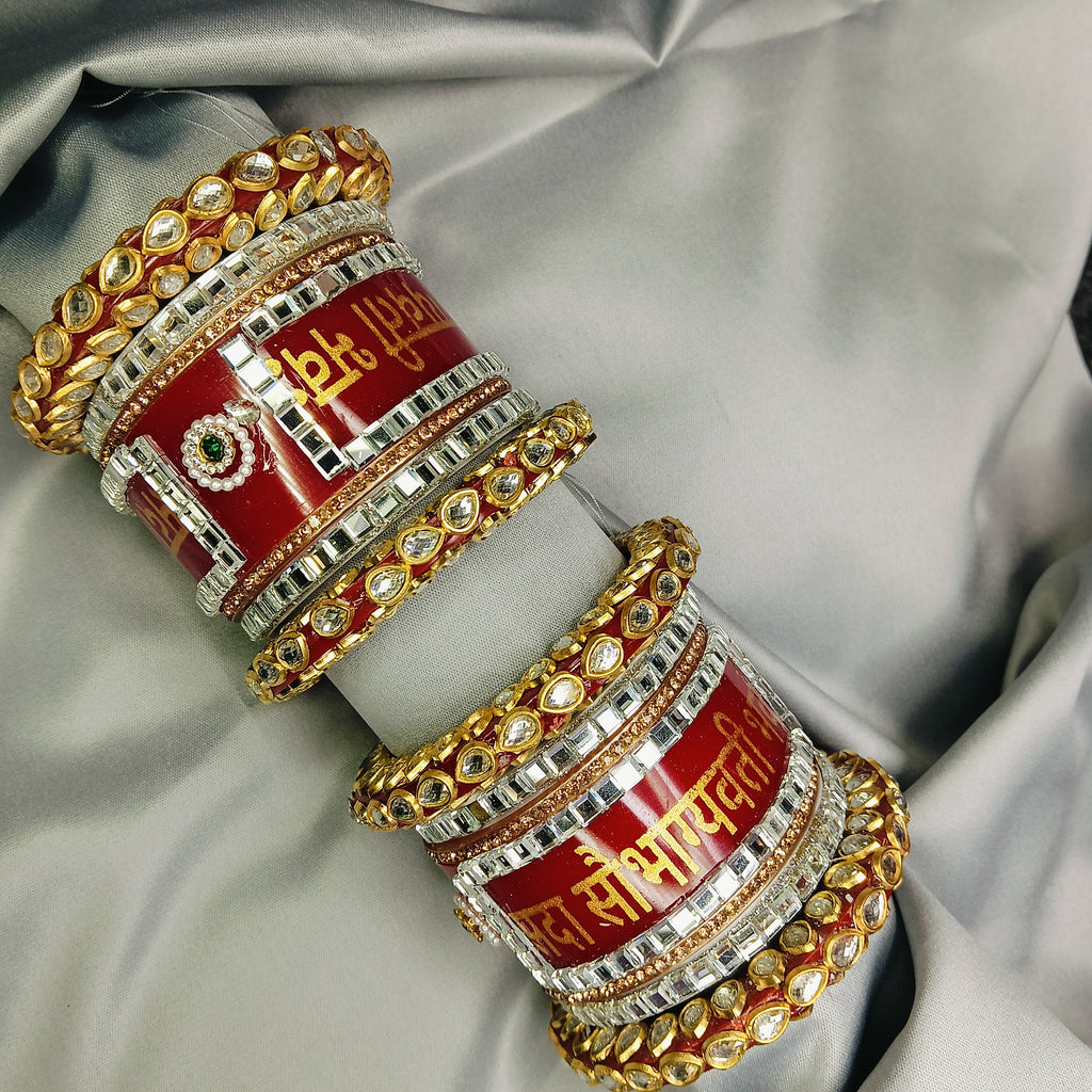 Red “Shubh Labh” Kundan Bridal Chooda Set – Traditional Wedding Kada by Zakreen