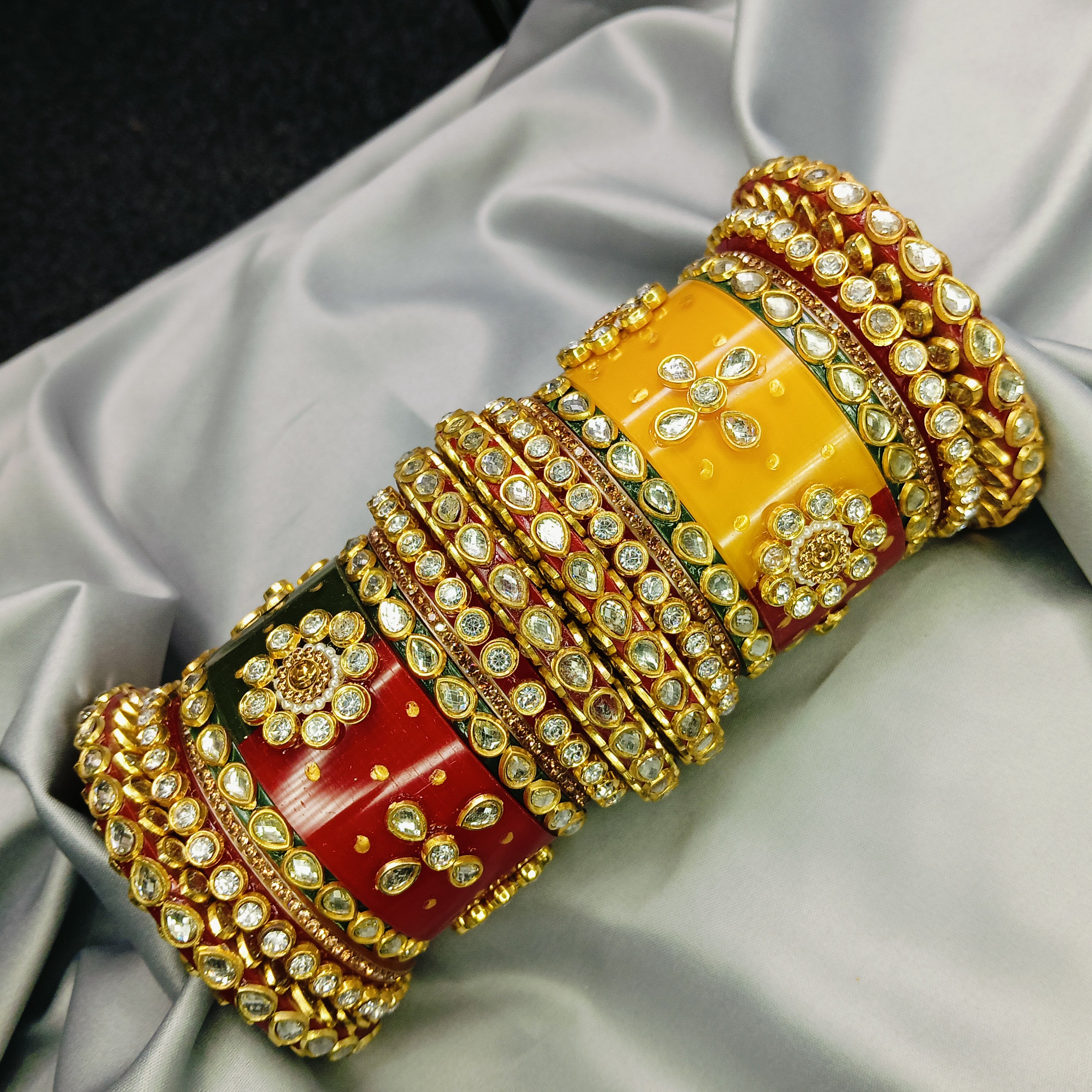 Royal Red Green Yellow Kundan Meenakari Bangle Set – Traditional Bridal Kada by Zakreen