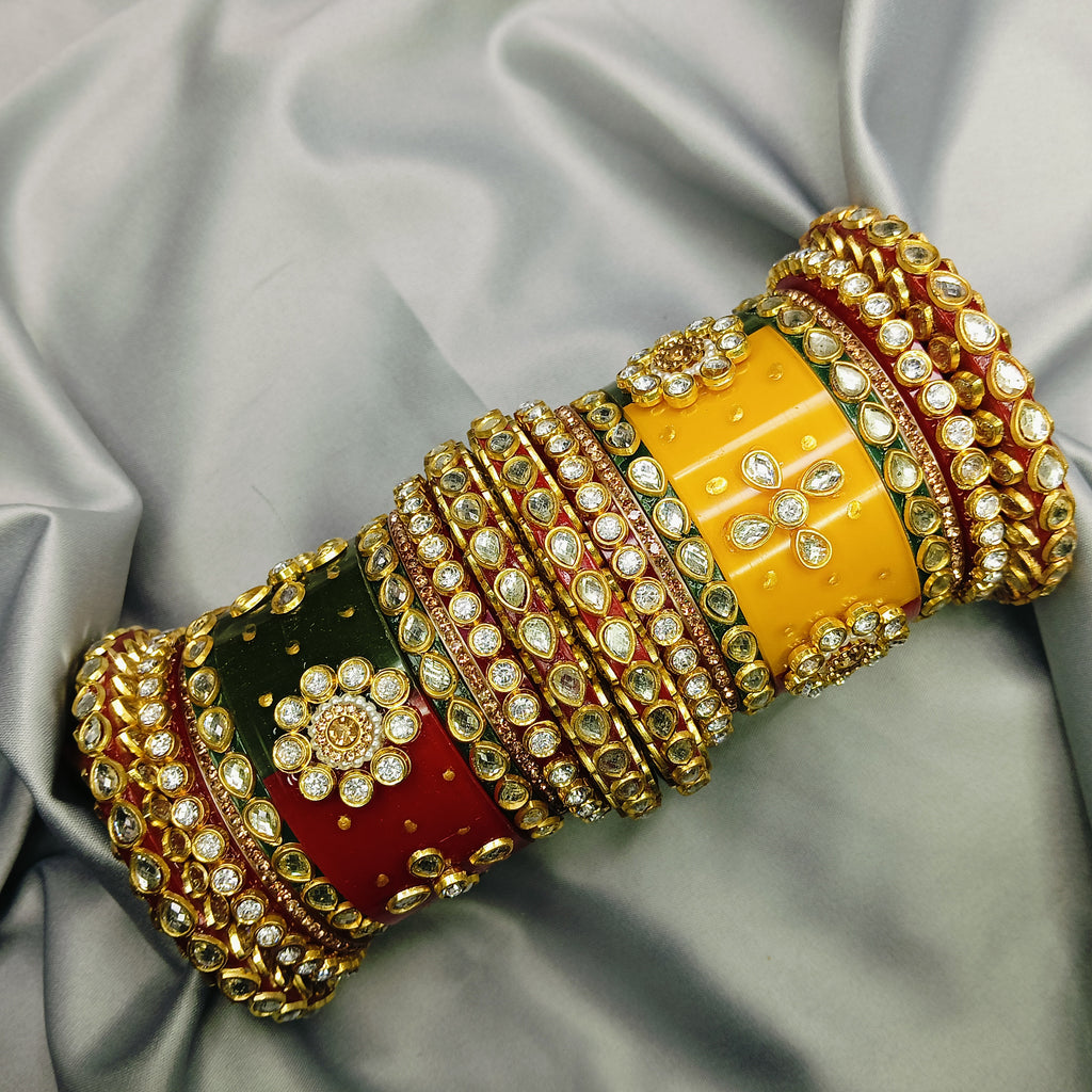 Royal Red Green Yellow Kundan Meenakari Bangle Set – Traditional Bridal Kada by Zakreen