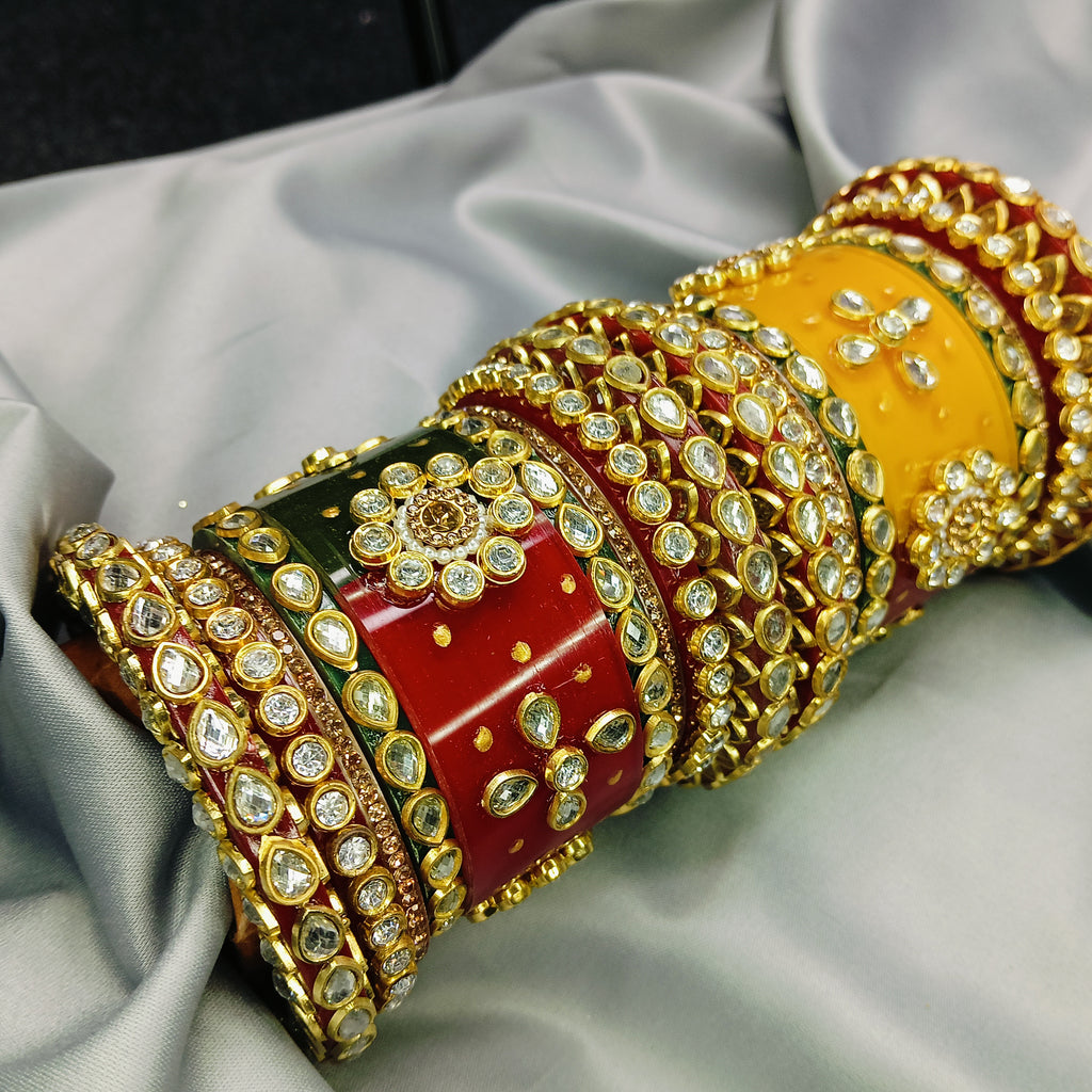 Royal Red Green Yellow Kundan Meenakari Bangle Set – Traditional Bridal Kada by Zakreen