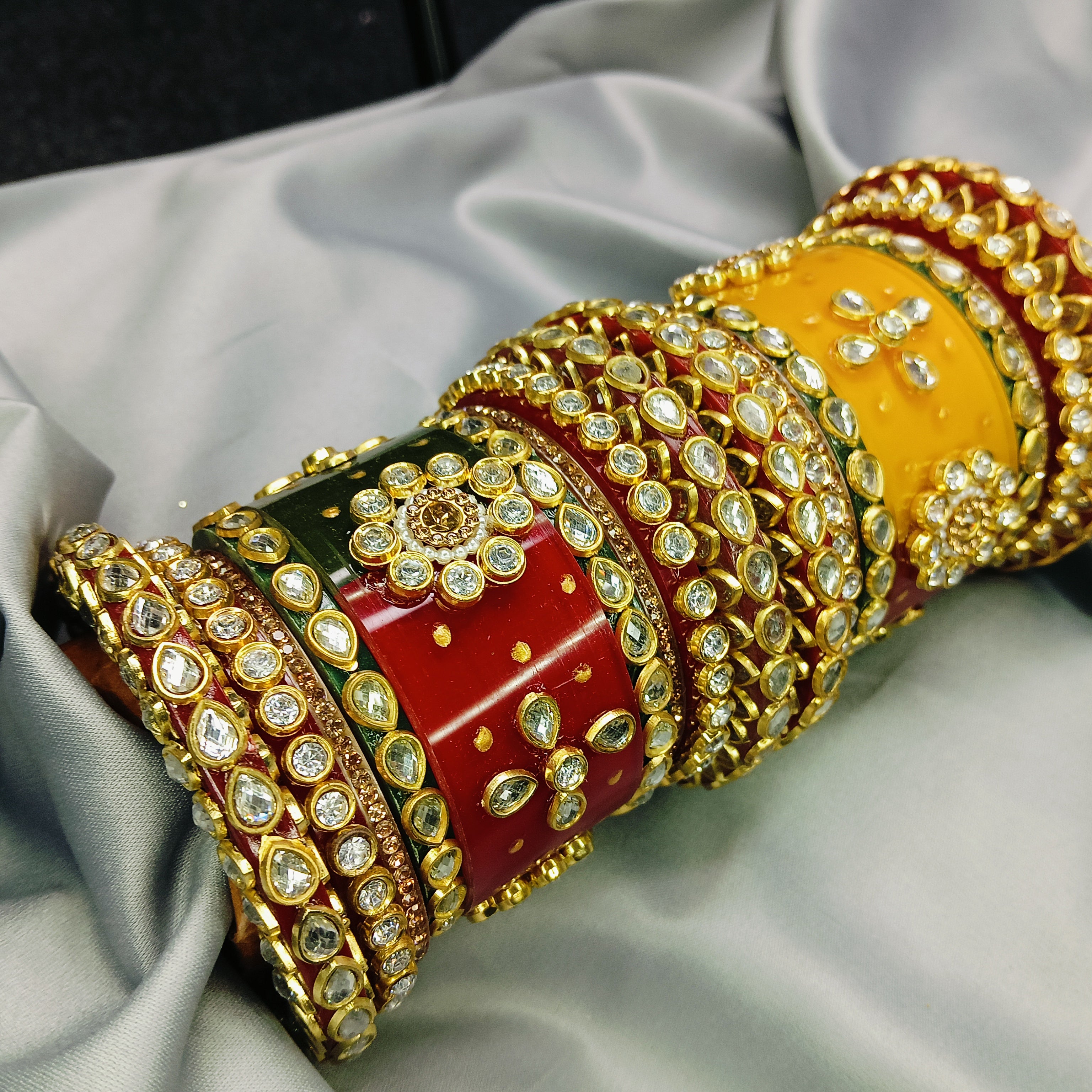 Royal Red Green Yellow Kundan Meenakari Bangle Set – Traditional Bridal Kada by Zakreen