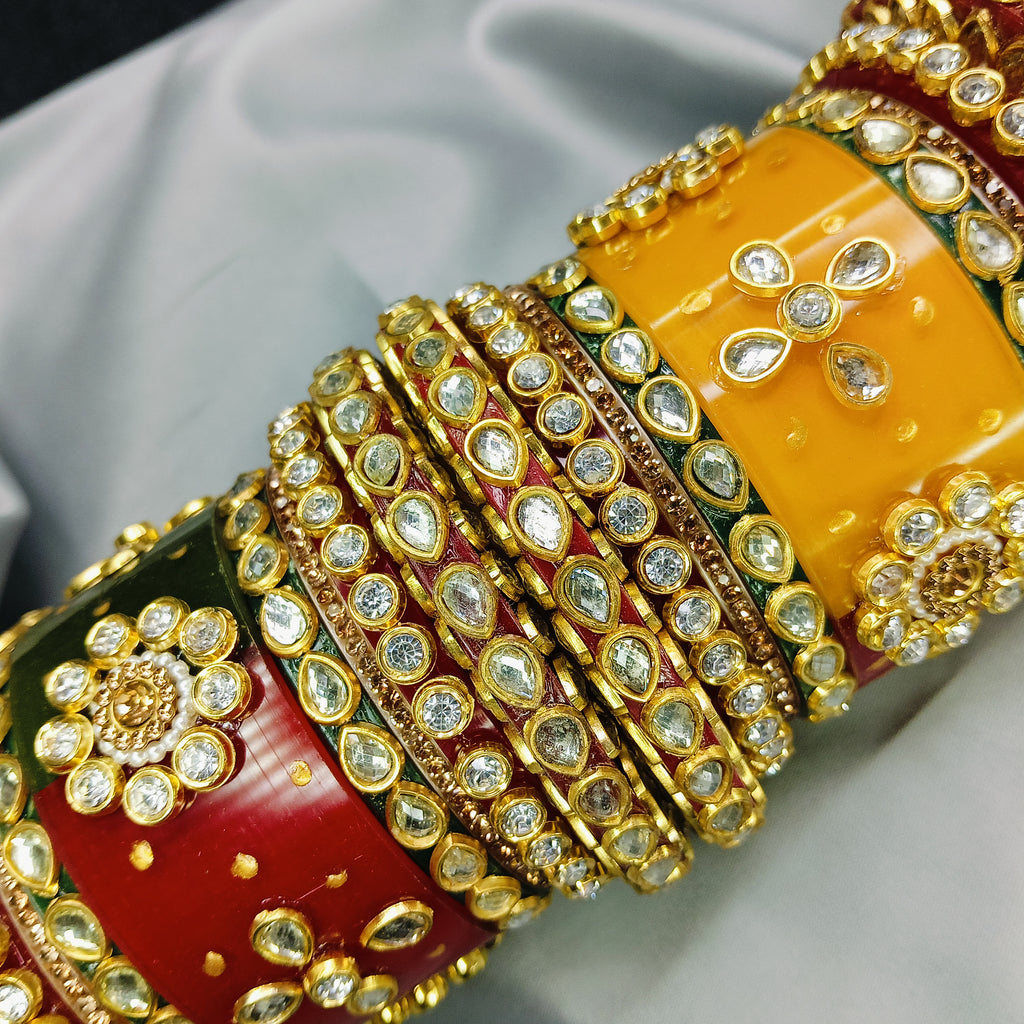 Royal Red Green Yellow Kundan Meenakari Bangle Set – Traditional Bridal Kada by Zakreen