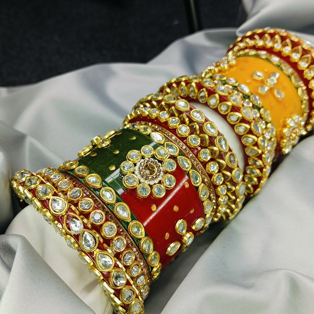 Royal Red Green Yellow Kundan Meenakari Bangle Set – Traditional Bridal Kada by Zakreen