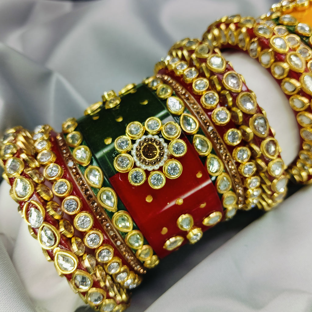 Royal Red Green Yellow Kundan Meenakari Bangle Set – Traditional Bridal Kada by Zakreen