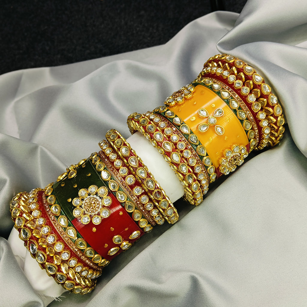 Royal Red Green Yellow Kundan Meenakari Bangle Set – Traditional Bridal Kada by Zakreen