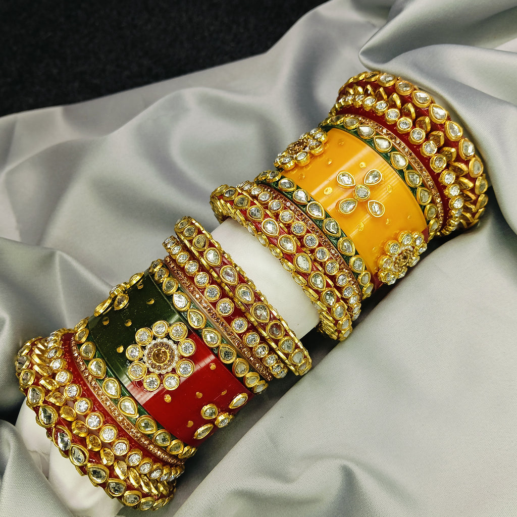 Royal Red Green Yellow Kundan Meenakari Bangle Set – Traditional Bridal Kada by Zakreen