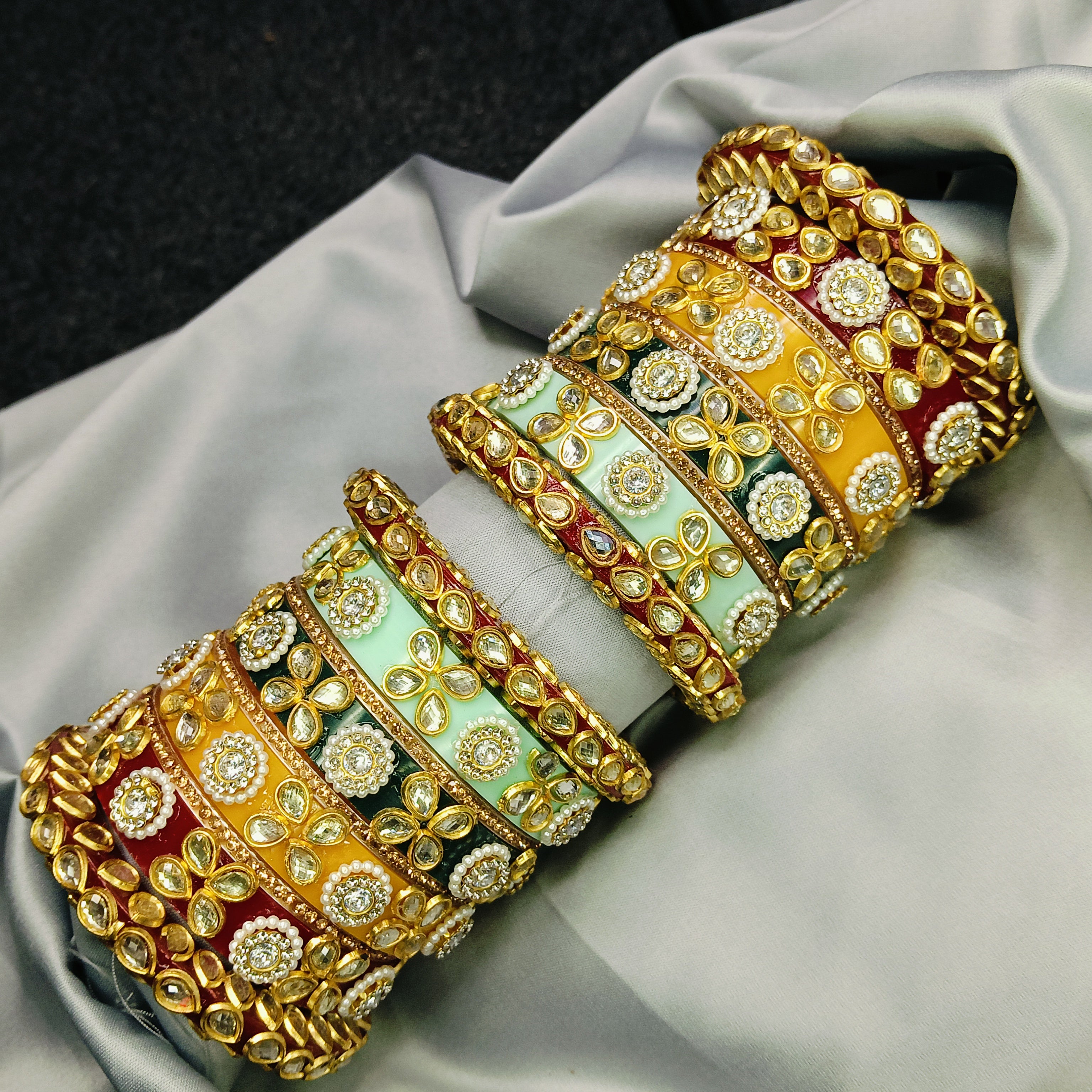 Premium Kundan Meenakari Bangle Set – Red, Green & Yellow Enamel Traditional Bridal Kada by Zakreen