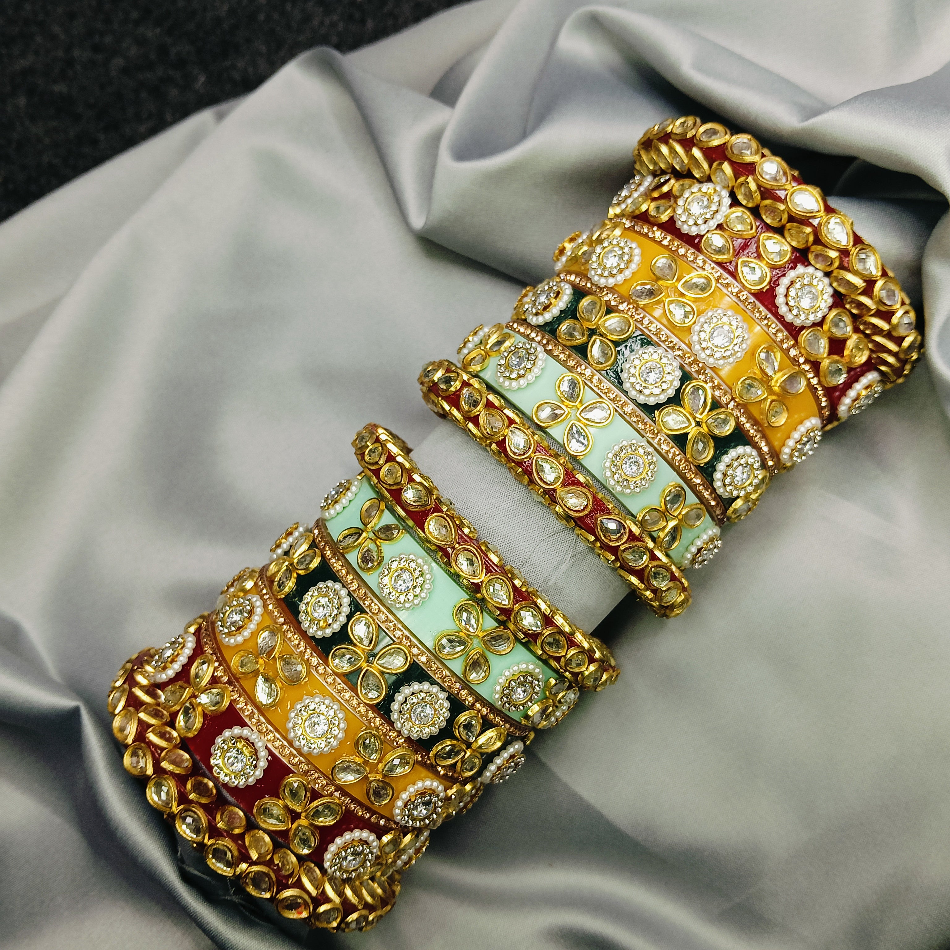 Premium Kundan Meenakari Bangle Set – Red, Green & Yellow Enamel Traditional Bridal Kada by Zakreen