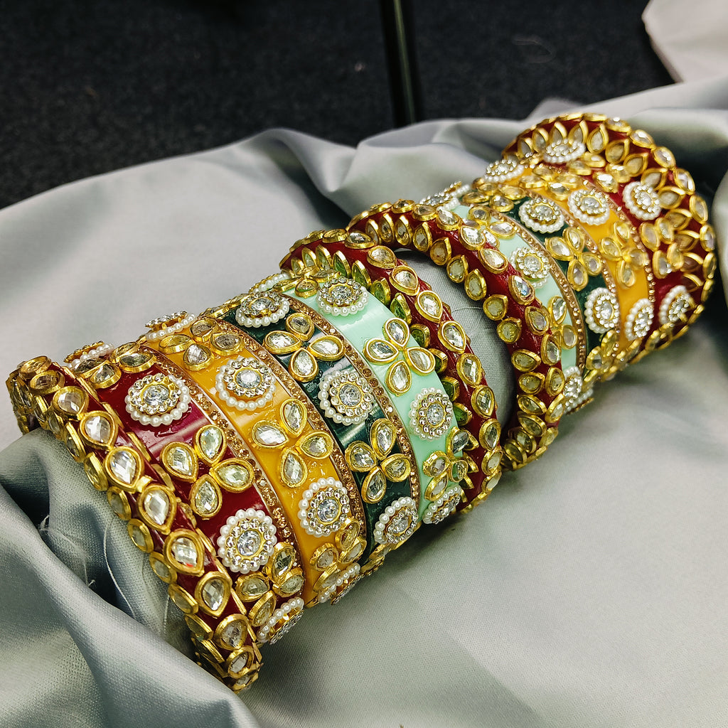 Premium Kundan Meenakari Bangle Set – Red, Green & Yellow Enamel Traditional Bridal Kada by Zakreen