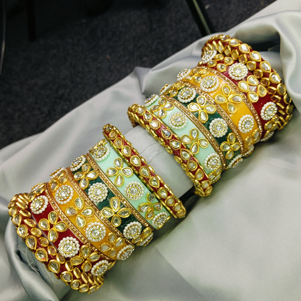 Premium Kundan Meenakari Bangle Set – Red, Green & Yellow Enamel Traditional Bridal Kada by Zakreen