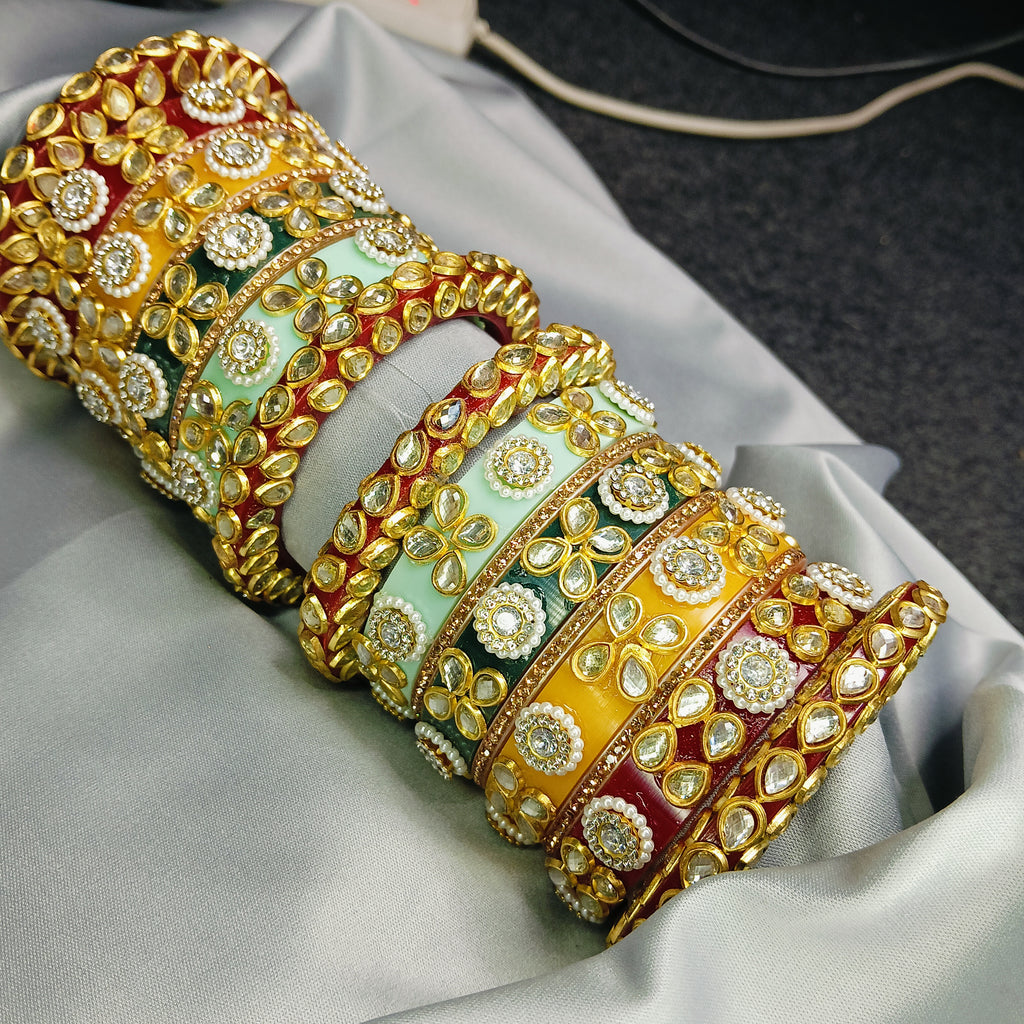 Premium Kundan Meenakari Bangle Set – Red, Green & Yellow Enamel Traditional Bridal Kada by Zakreen