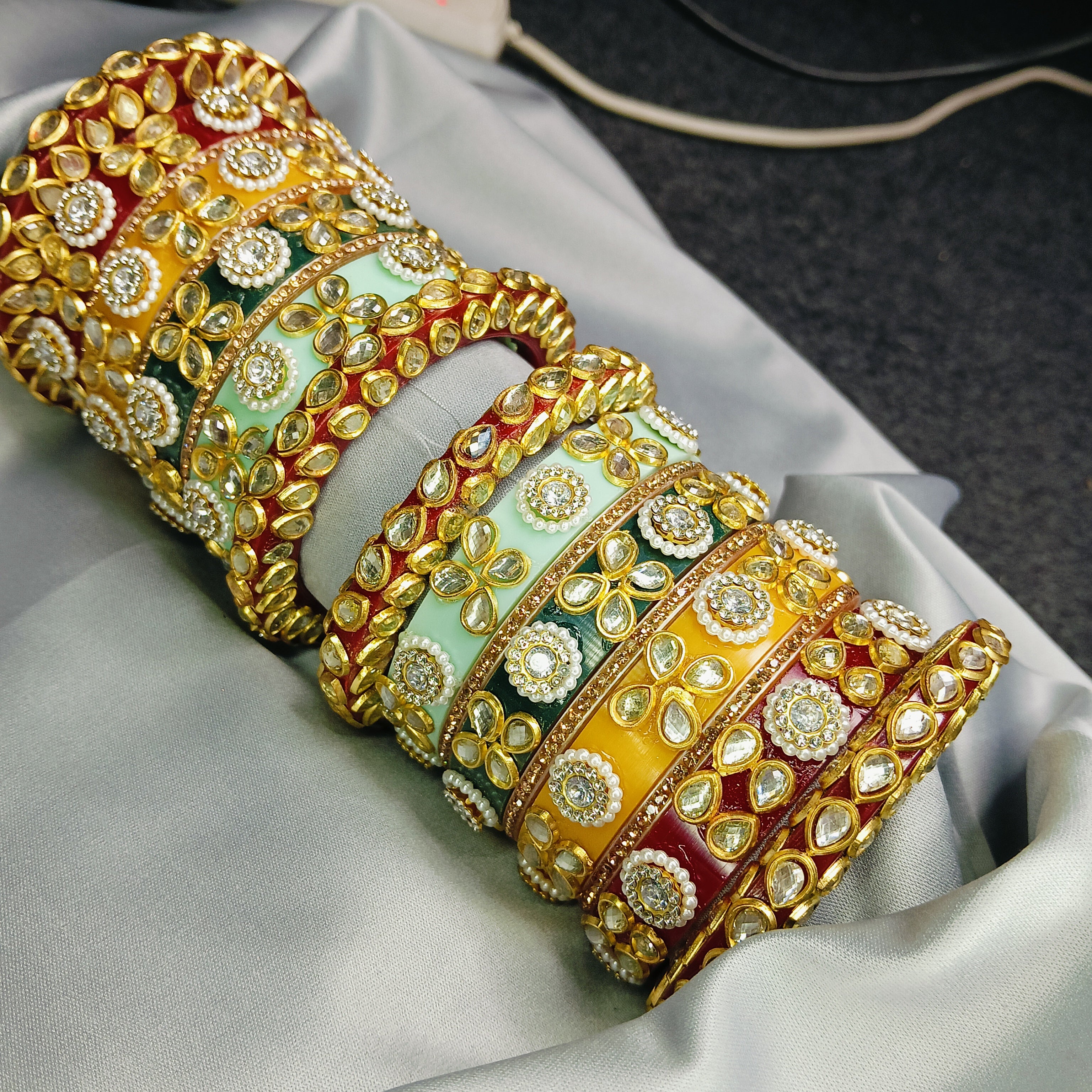 Premium Kundan Meenakari Bangle Set – Red, Green & Yellow Enamel Traditional Bridal Kada by Zakreen