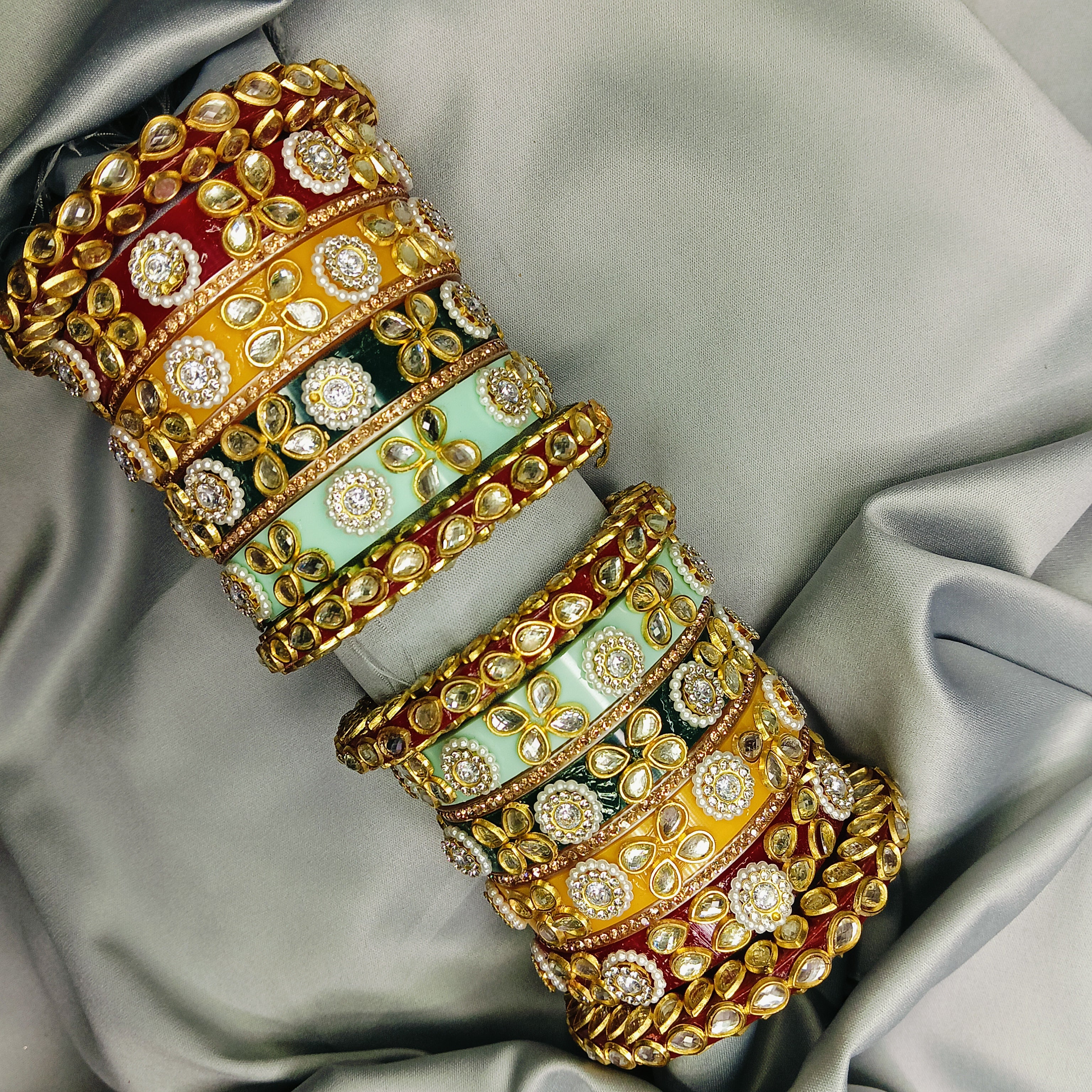 Premium Kundan Meenakari Bangle Set – Red, Green & Yellow Enamel Traditional Bridal Kada by Zakreen