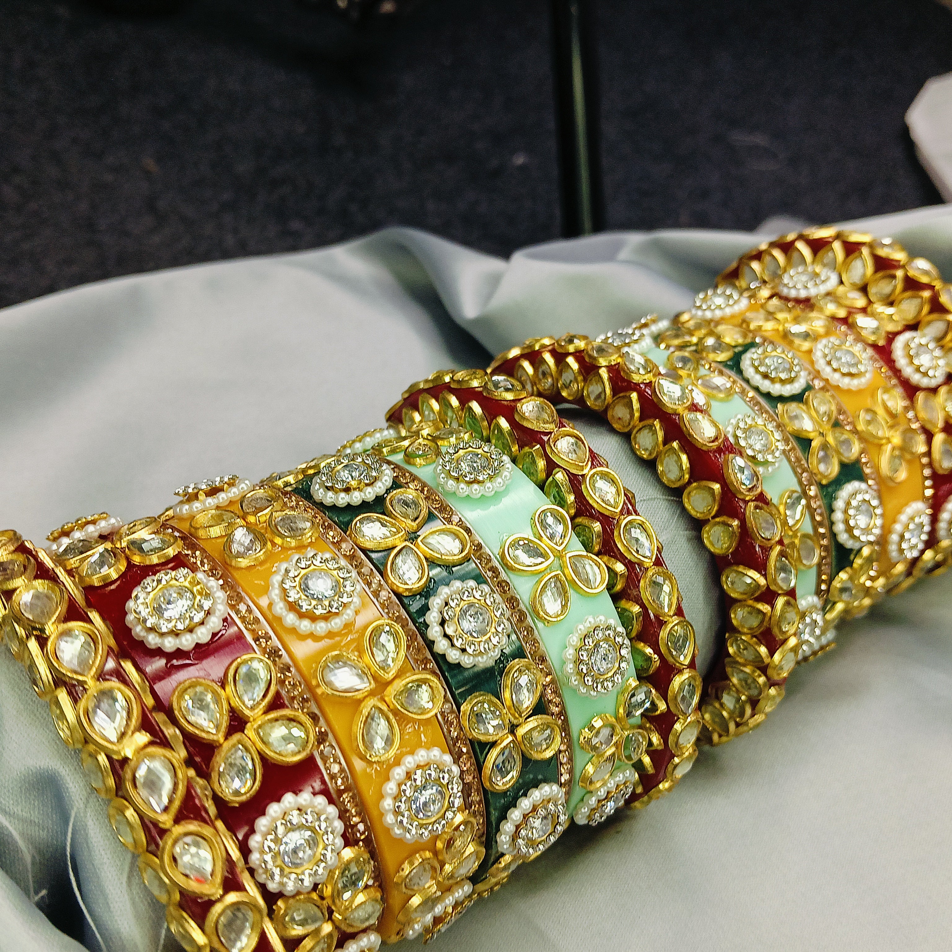 Premium Kundan Meenakari Bangle Set – Red, Green & Yellow Enamel Traditional Bridal Kada by Zakreen