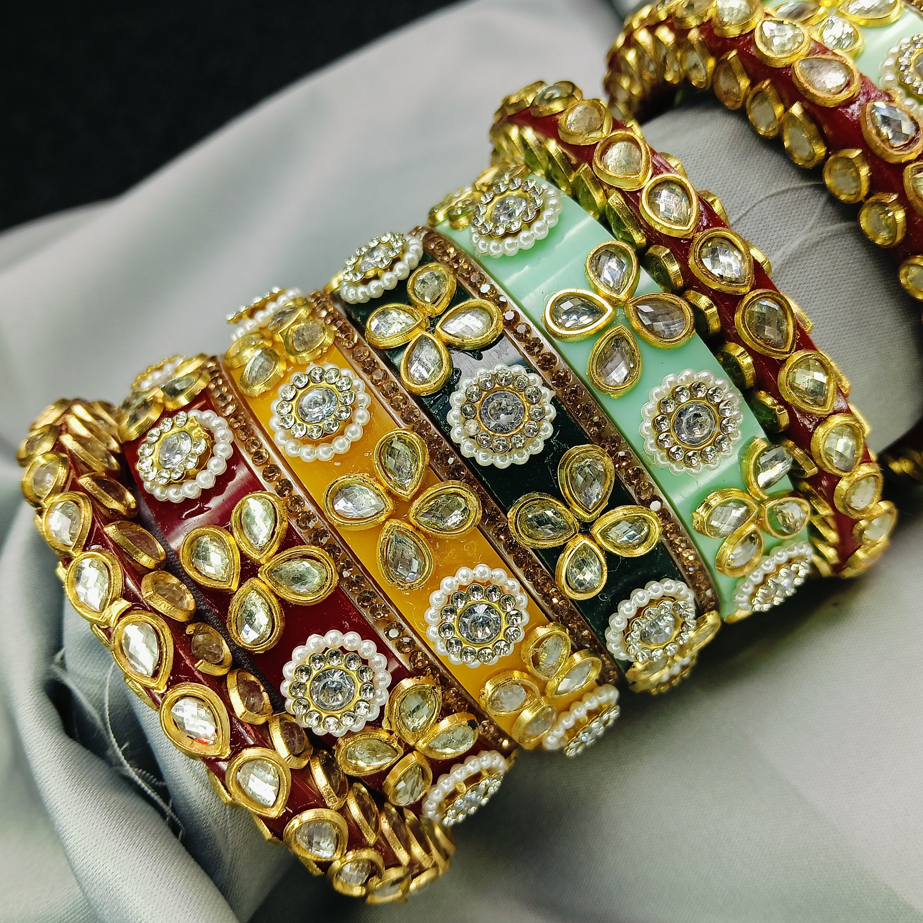 Premium Kundan Meenakari Bangle Set – Red, Green & Yellow Enamel Traditional Bridal Kada by Zakreen