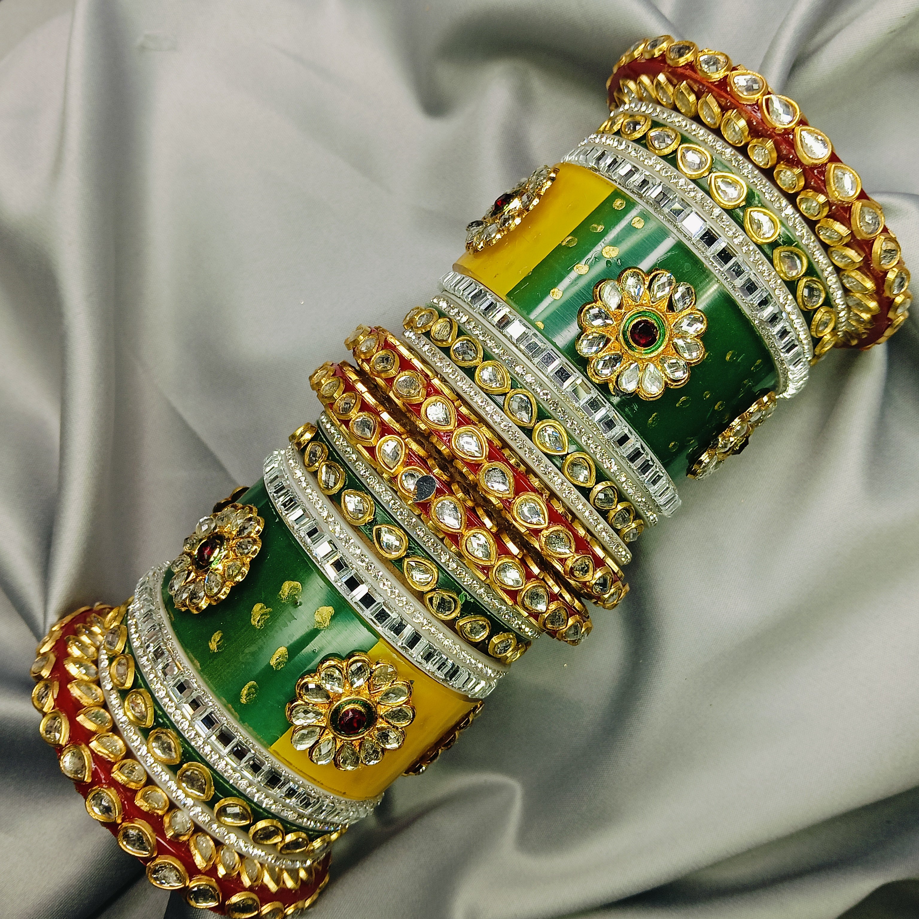 Green & Yellow Kundan Bridal Chura Set for Mehendi/Haldi - Zakreen