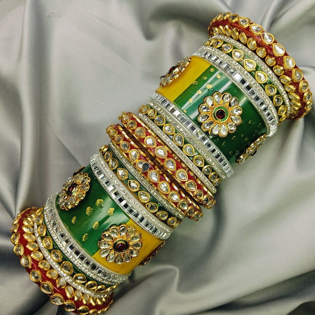 ✨ zakreen Multicolour Rajputi Kundan-Polki Chura Set - Perfect for Haldi, Mehendi & Festivals
