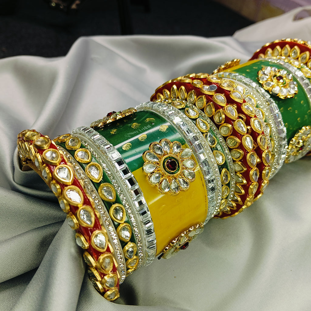 Green & Yellow Kundan Bridal Chura Set for Mehendi/Haldi - Zakreen