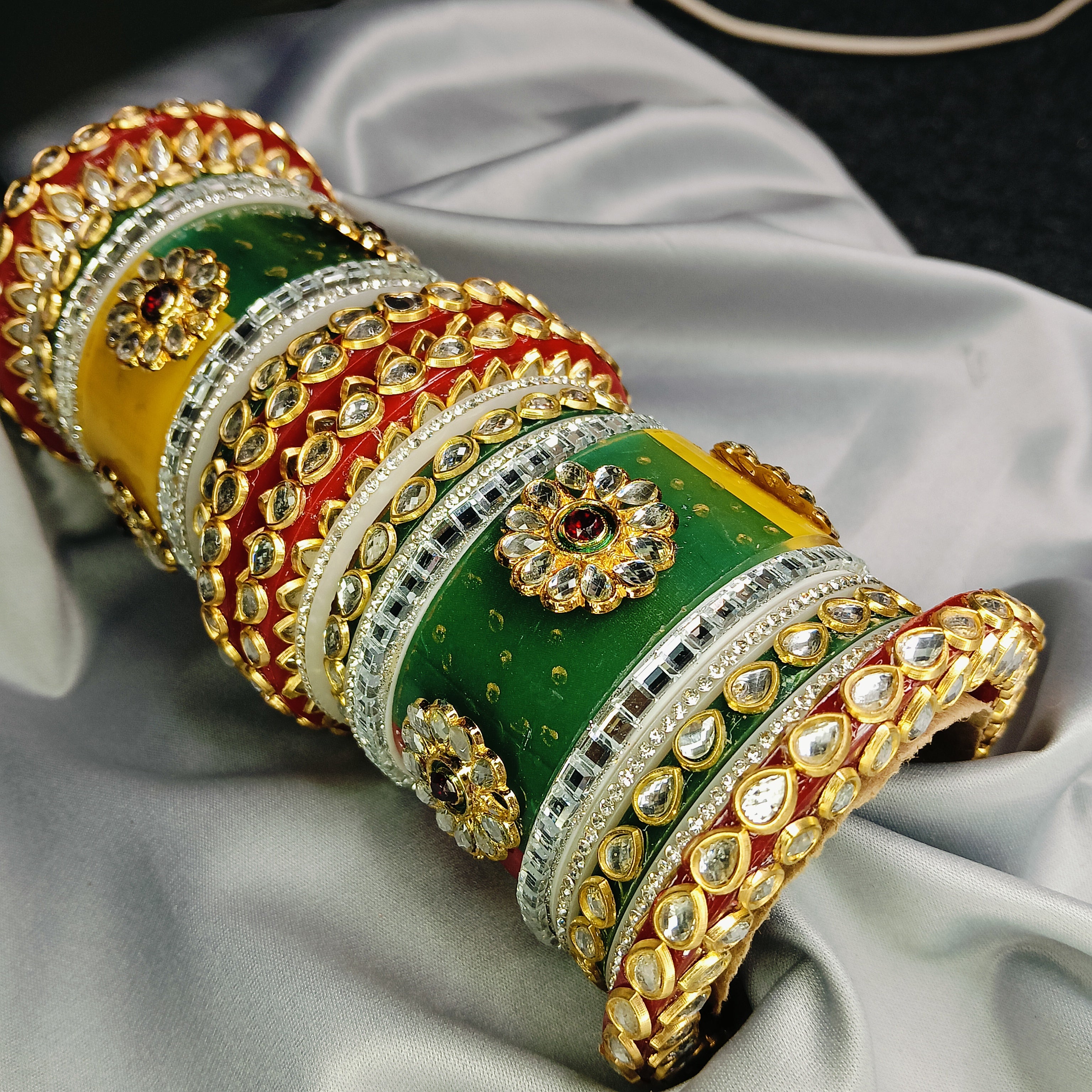 ✨ zakreen Multicolour Rajputi Kundan-Polki Chura Set - Perfect for Haldi, Mehendi & Festivals