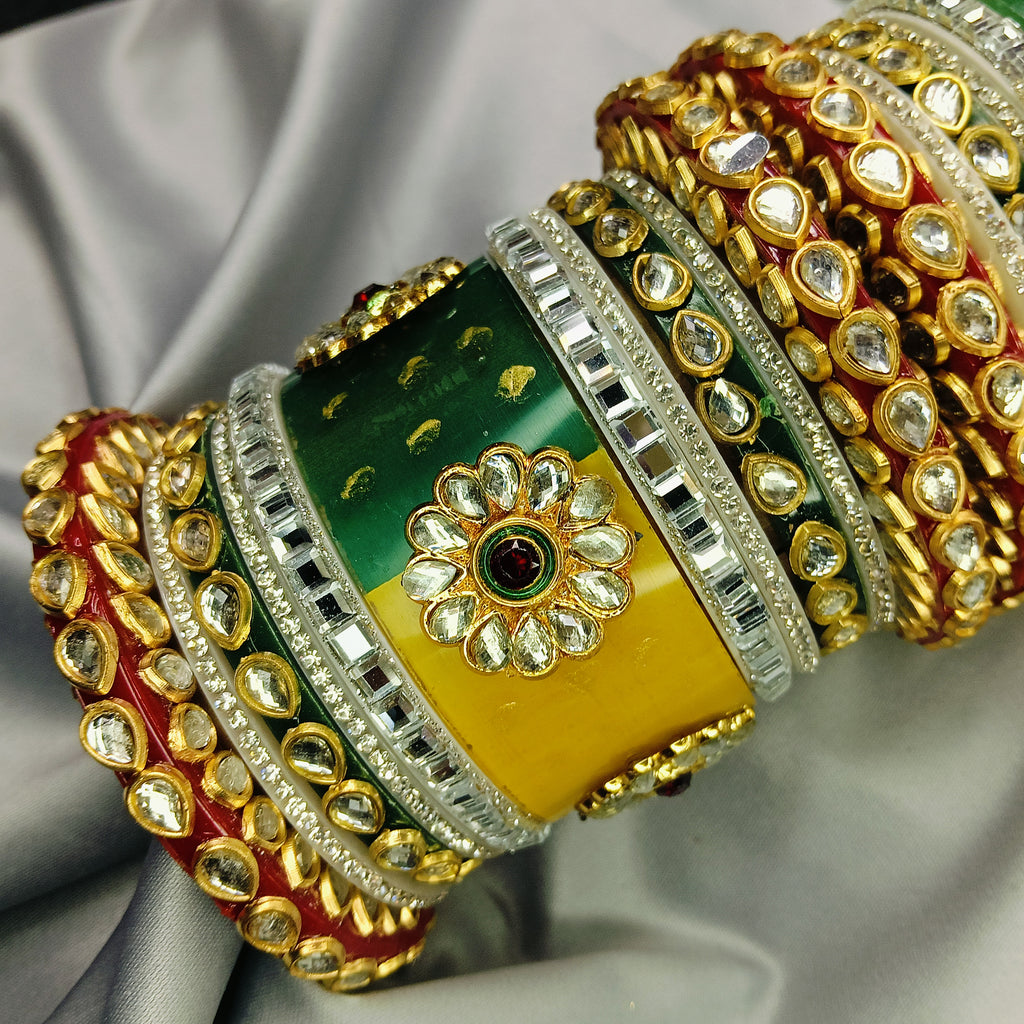 ✨ zakreen Multicolour Rajputi Kundan-Polki Chura Set - Perfect for Haldi, Mehendi & Festivals