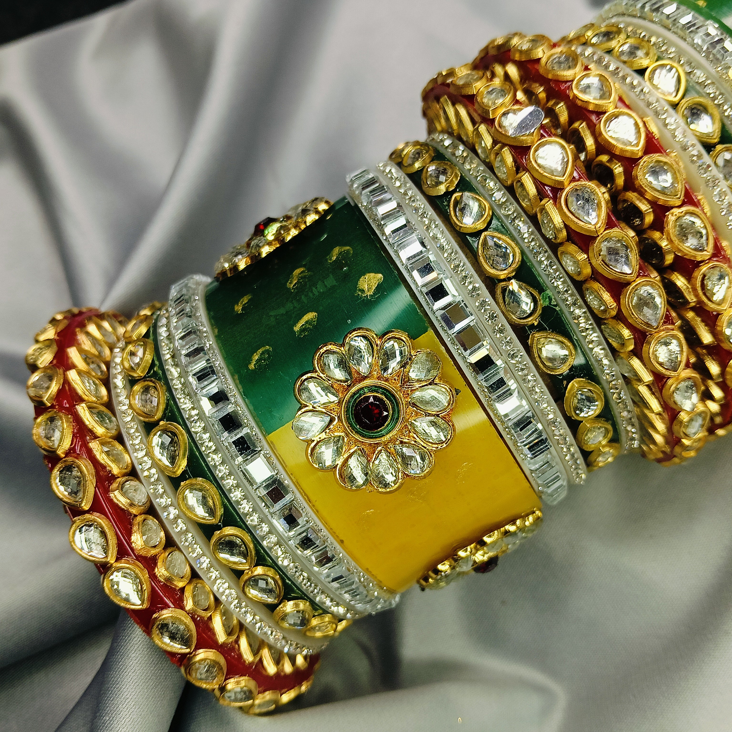 ✨ zakreen Multicolour Rajputi Kundan-Polki Chura Set - Perfect for Haldi, Mehendi & Festivals