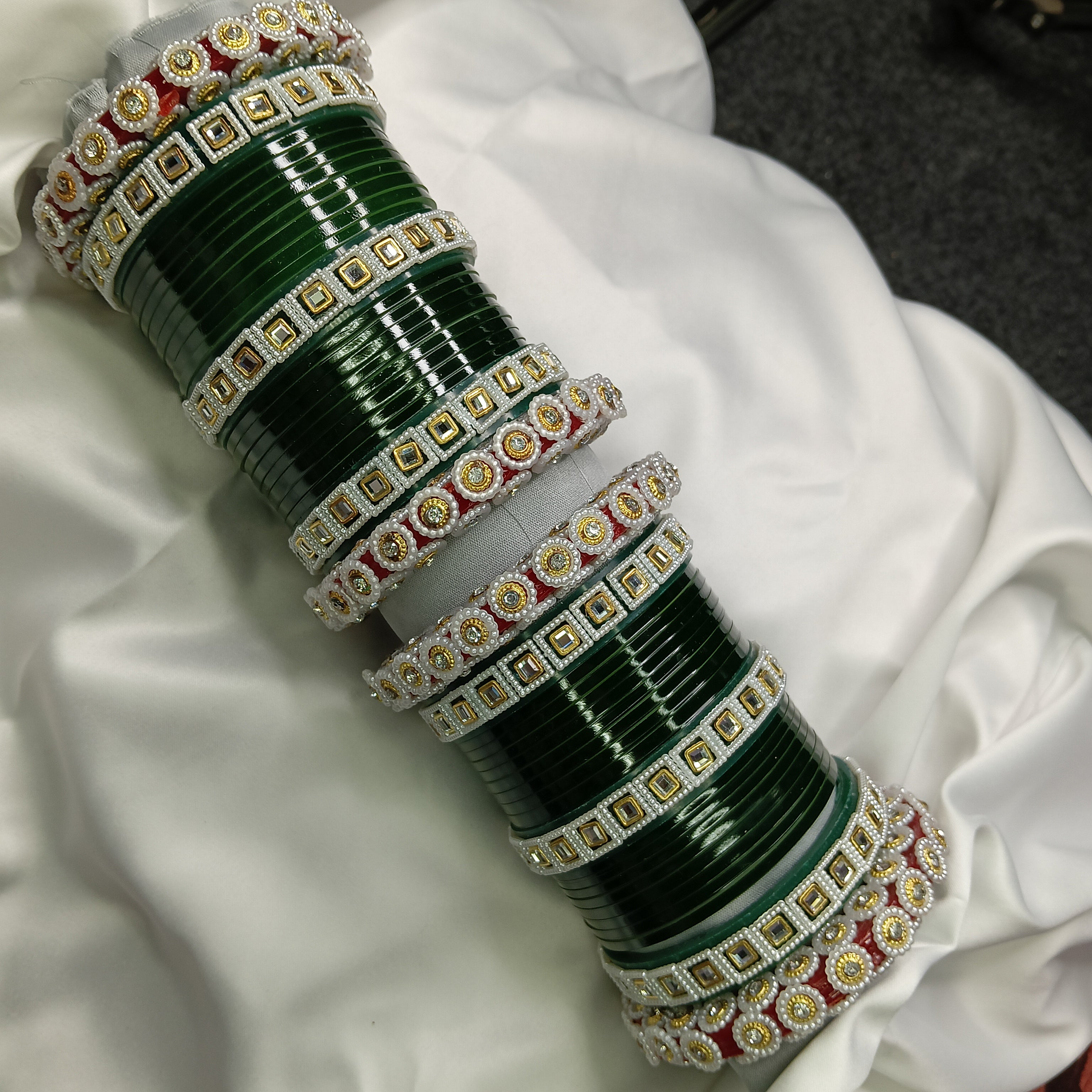 Latest Wedding Chooda for Brides | Green Plastic Bangles with Golden Stone Work