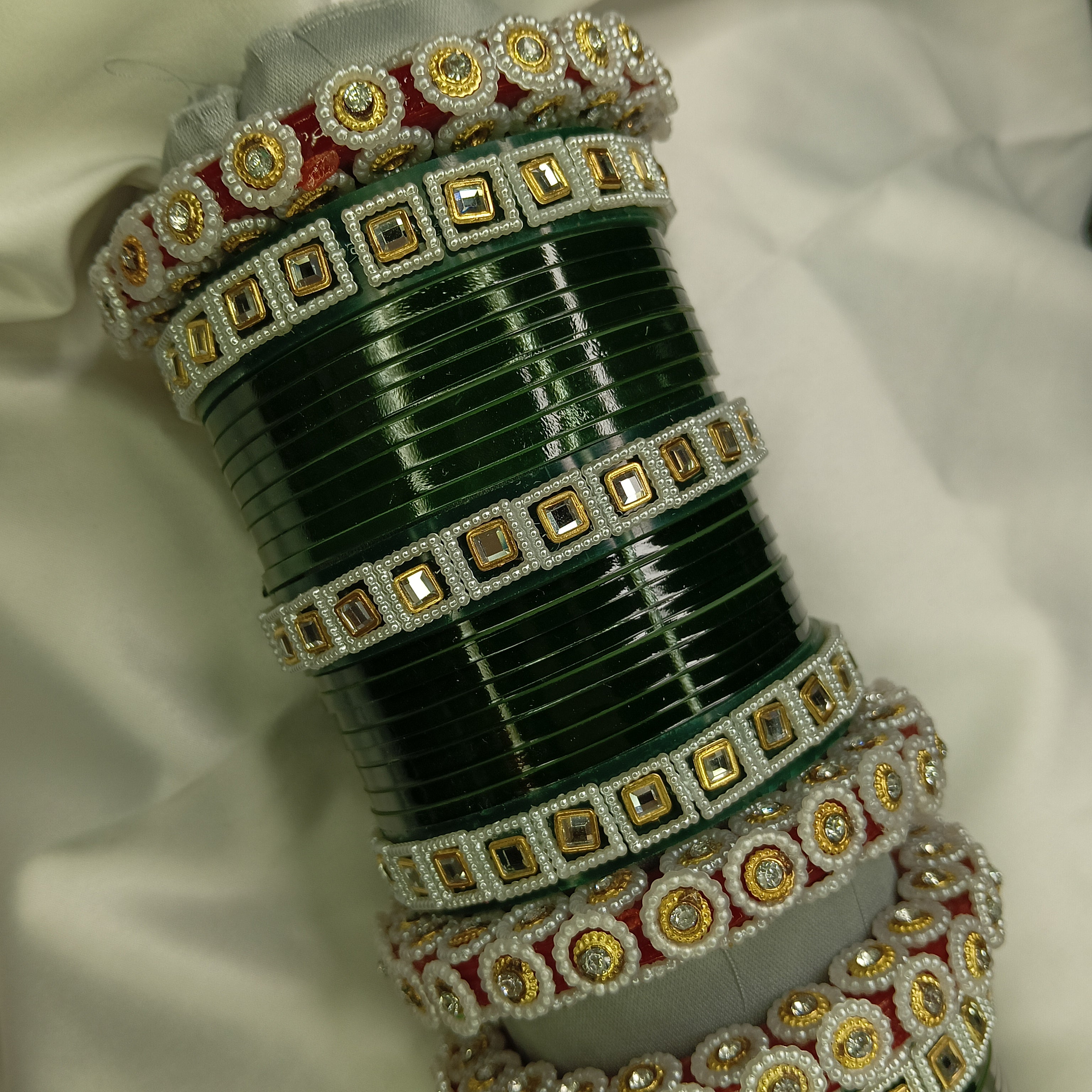 Latest Wedding Chooda for Brides | Green Plastic Bangles with Golden Stone Work