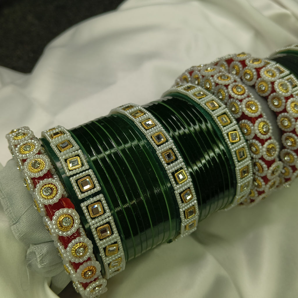 Latest Wedding Chooda for Brides | Green Plastic Bangles with Golden Stone Work