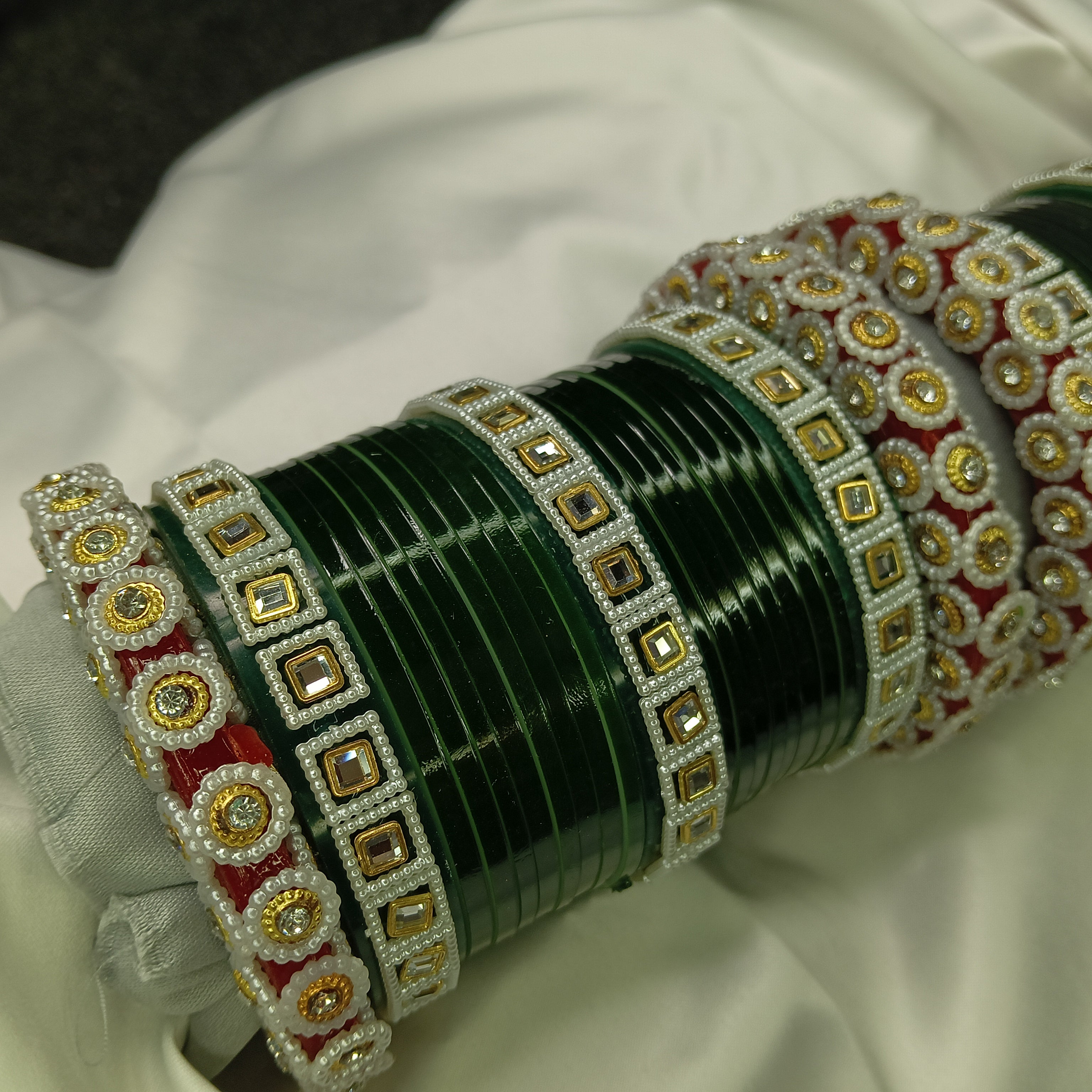Latest Wedding Chooda for Brides | Green Plastic Bangles with Golden Stone Work
