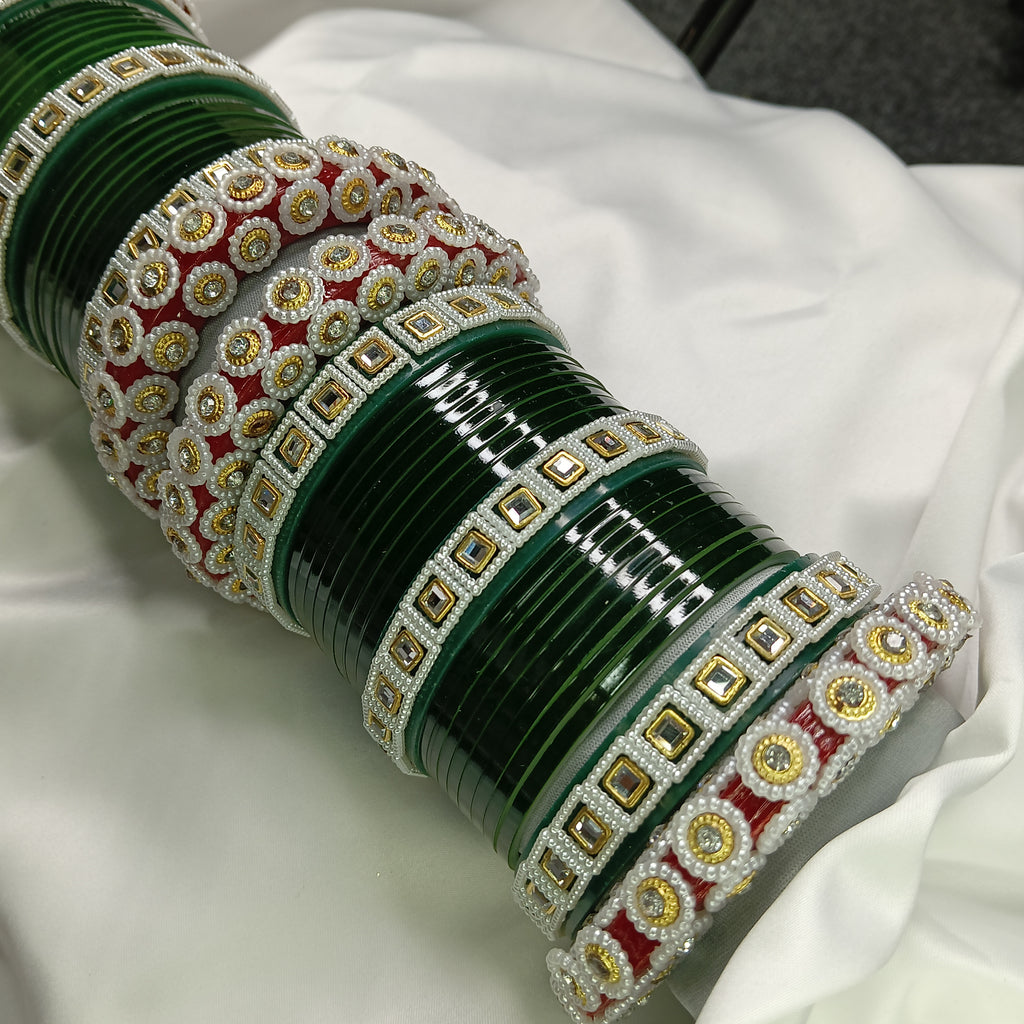 Latest Wedding Chooda for Brides | Green Plastic Bangles with Golden Stone Work