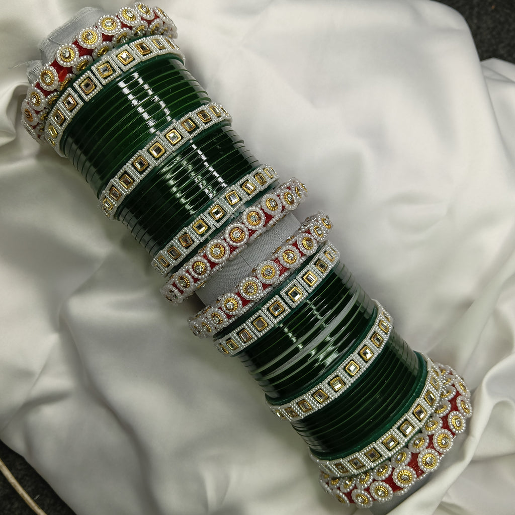 Latest Wedding Chooda for Brides | Green Plastic Bangles with Golden Stone Work