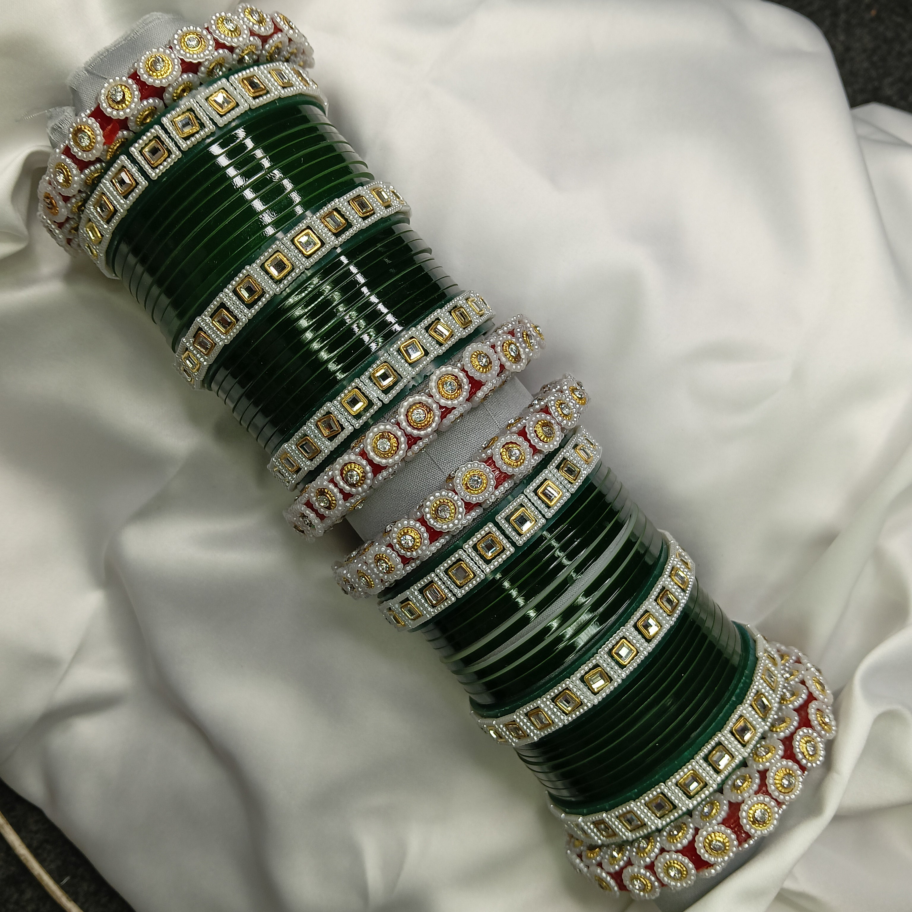 Latest Wedding Chooda for Brides | Green Plastic Bangles with Golden Stone Work