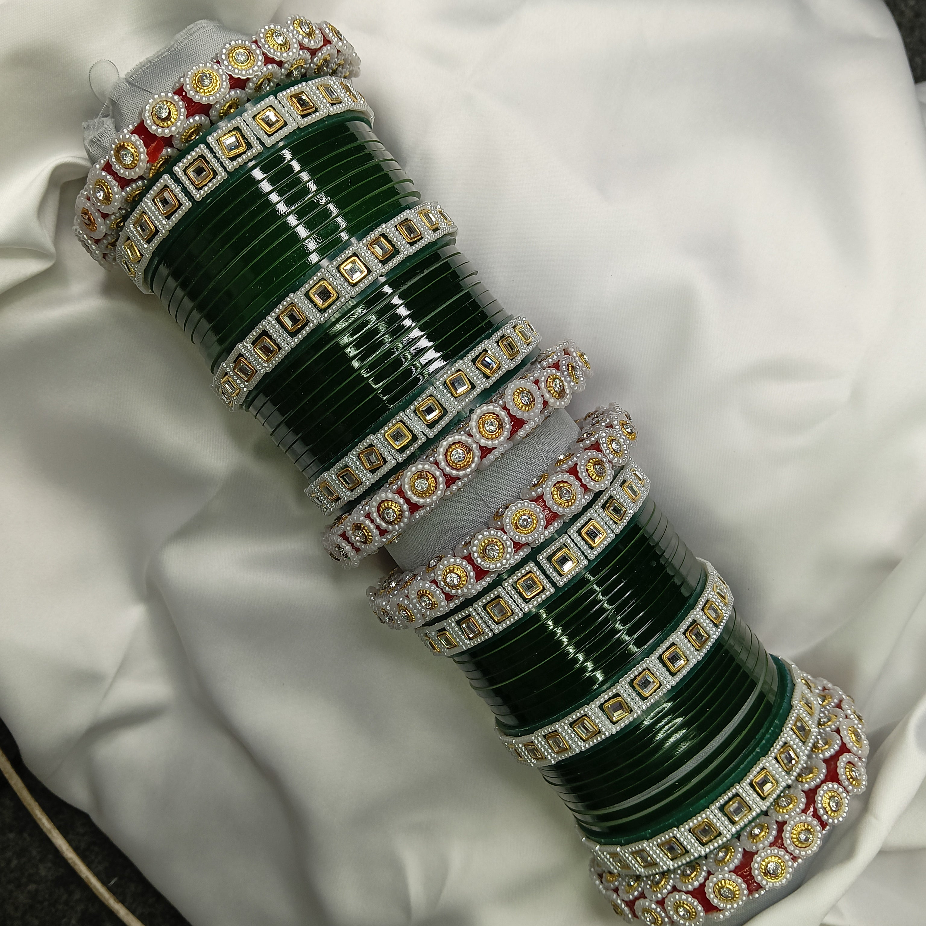 Latest Wedding Chooda for Brides | Green Plastic Bangles with Golden Stone Work