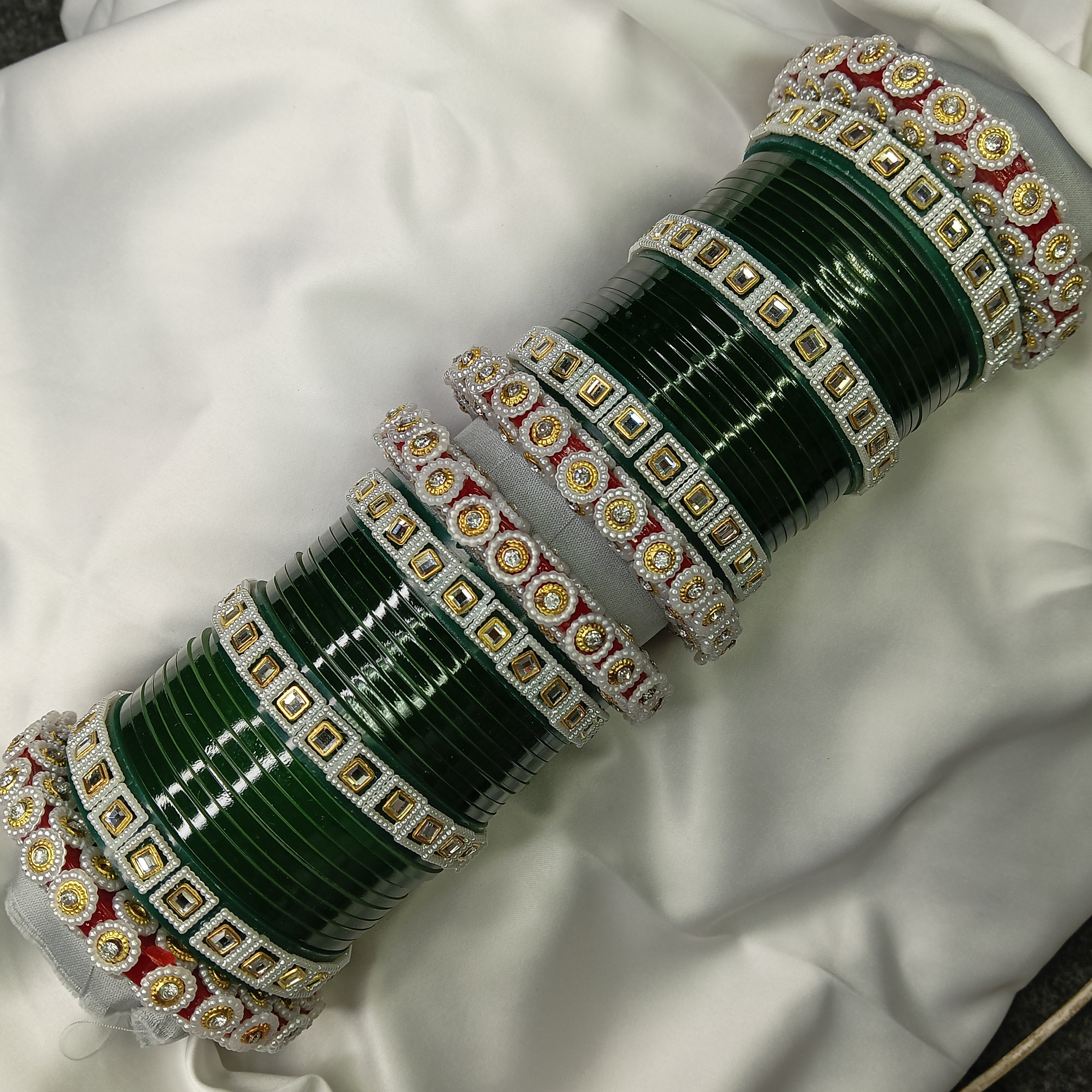 Latest Wedding Chooda for Brides | Green Plastic Bangles with Golden Stone Work