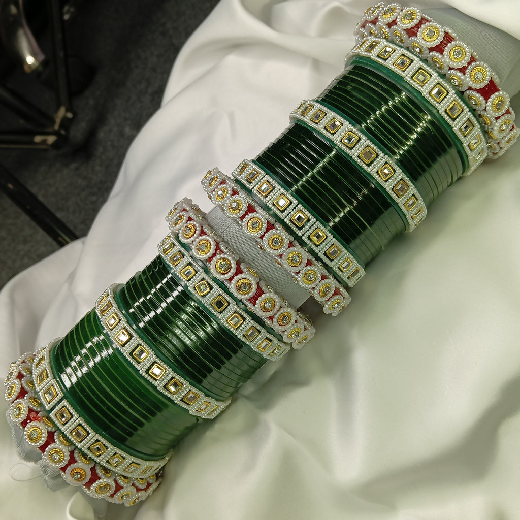 Latest Wedding Chooda for Brides | Green Plastic Bangles with Golden Stone Work