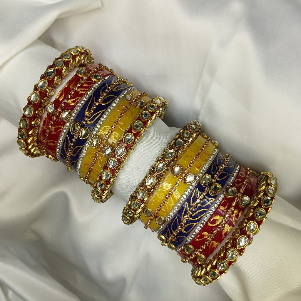 Buy Trendy Leaf Pattern Bridal Chuda Set Online – Red Yellow Blue Designer Bangles for Women by Zakreen