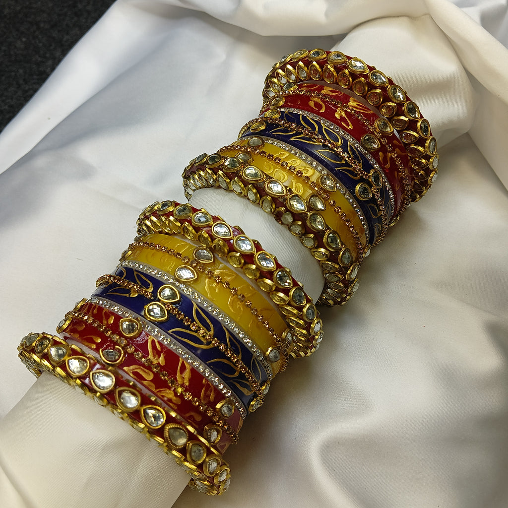 Buy Trendy Leaf Pattern Bridal Chuda Set Online – Red Yellow Blue Designer Bangles for Women by Zakreen