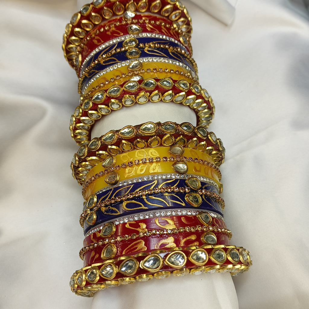 Buy Trendy Leaf Pattern Bridal Chuda Set Online – Red Yellow Blue Designer Bangles for Women by Zakreen
