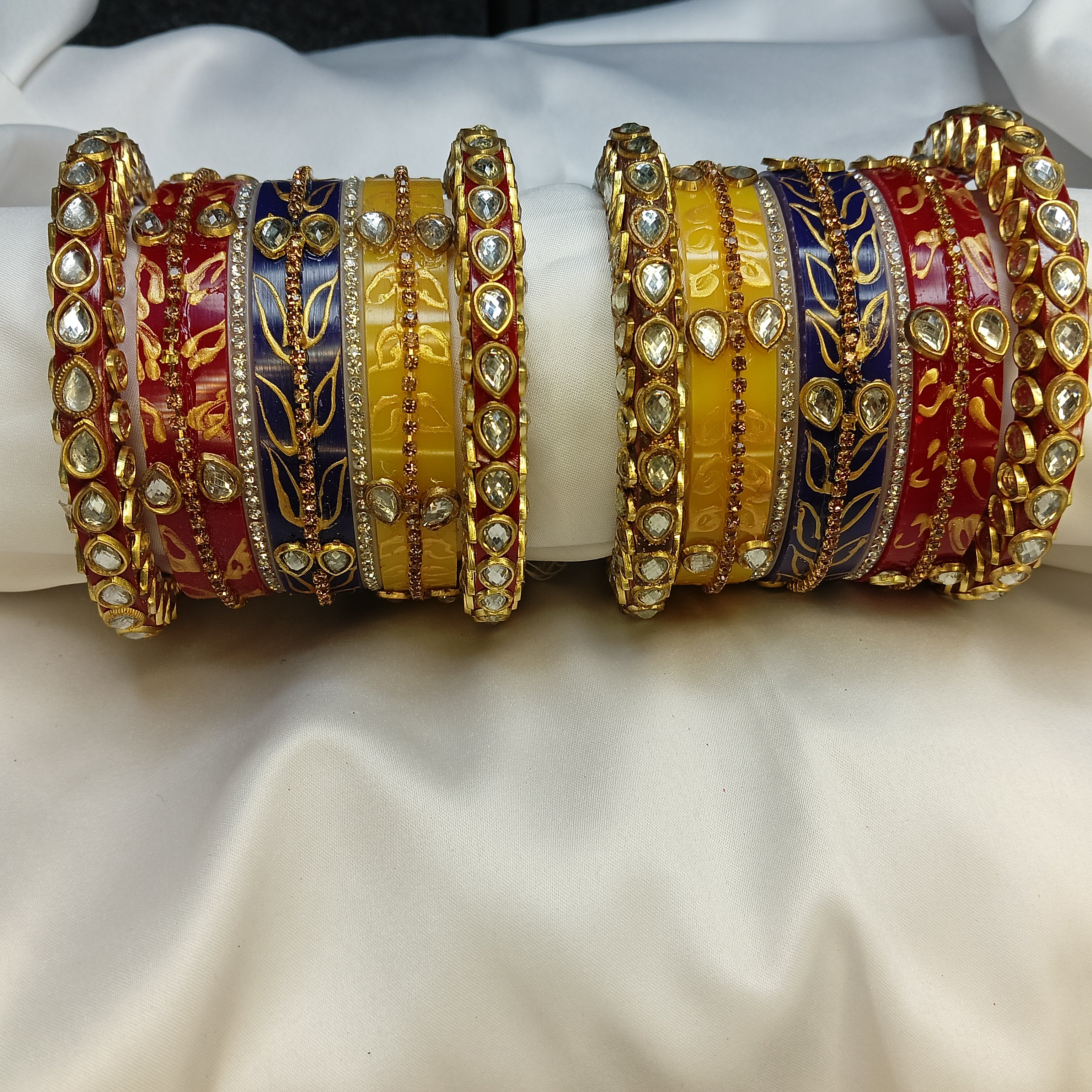 Buy Trendy Leaf Pattern Bridal Chuda Set Online – Red Yellow Blue Designer Bangles for Women by Zakreen