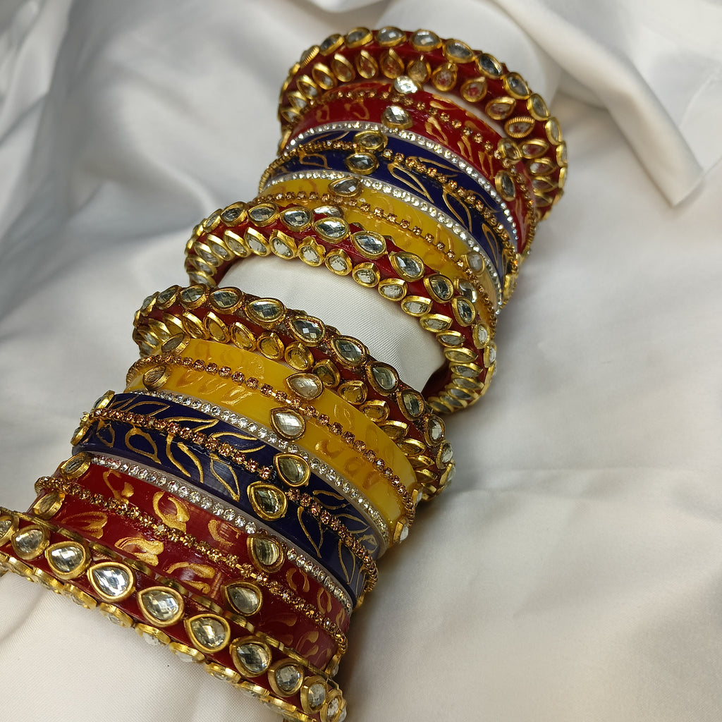 Buy Trendy Leaf Pattern Bridal Chuda Set Online – Red Yellow Blue Designer Bangles for Women by Zakreen
