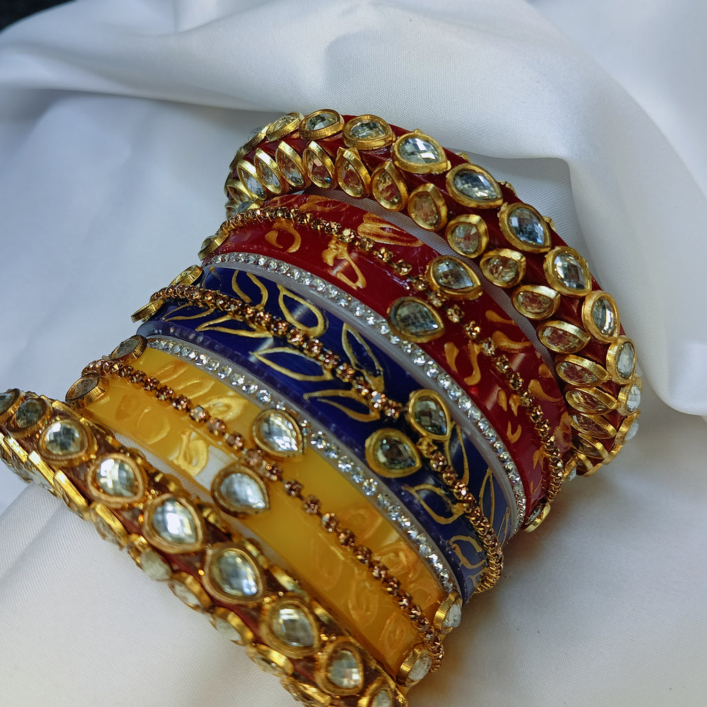 Buy Trendy Leaf Pattern Bridal Chuda Set Online – Red Yellow Blue Designer Bangles for Women by Zakreen