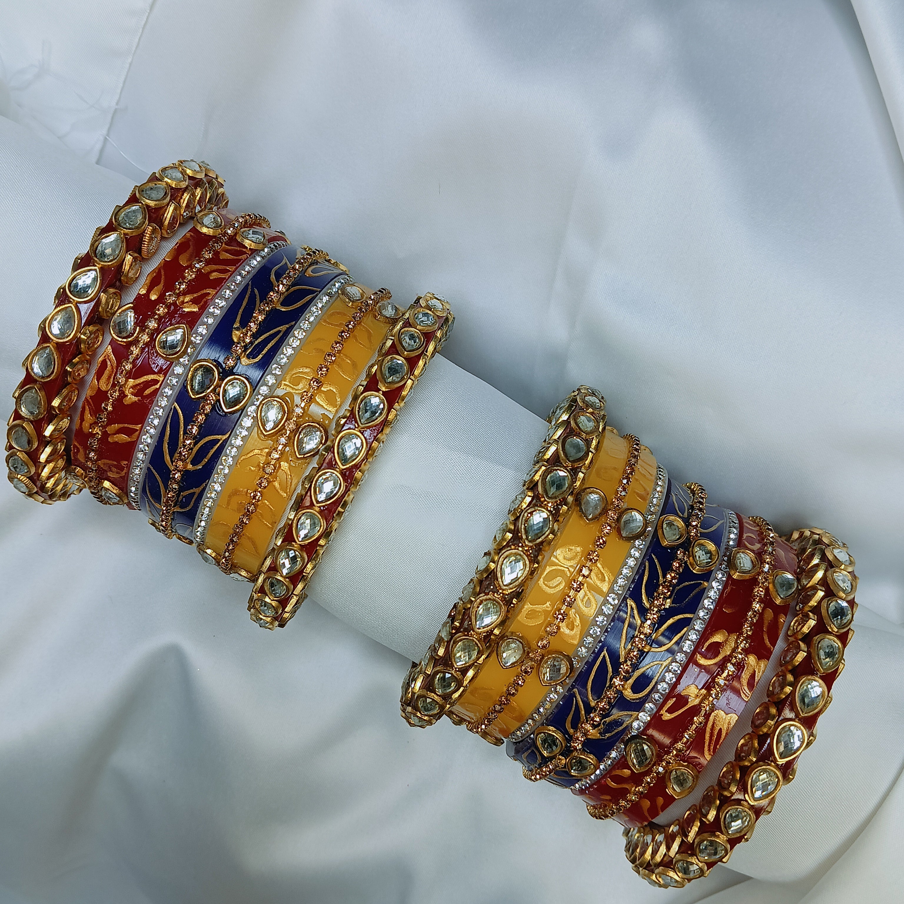 Buy Trendy Leaf Pattern Bridal Chuda Set Online – Red Yellow Blue Designer Bangles for Women by Zakreen