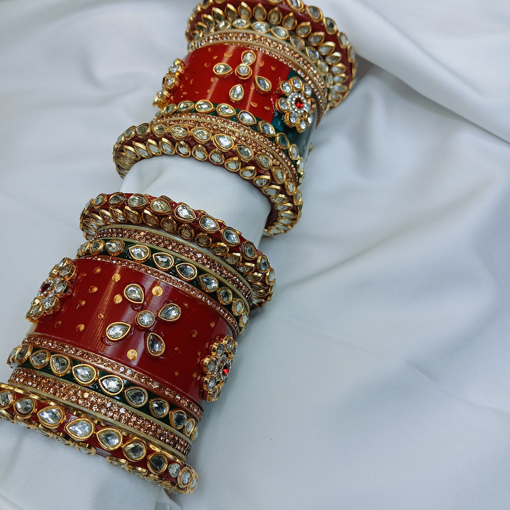 "New Royal Red Chooda Bangle Set with Designer Bangadi – Traditional Women Collection by Zakreen"